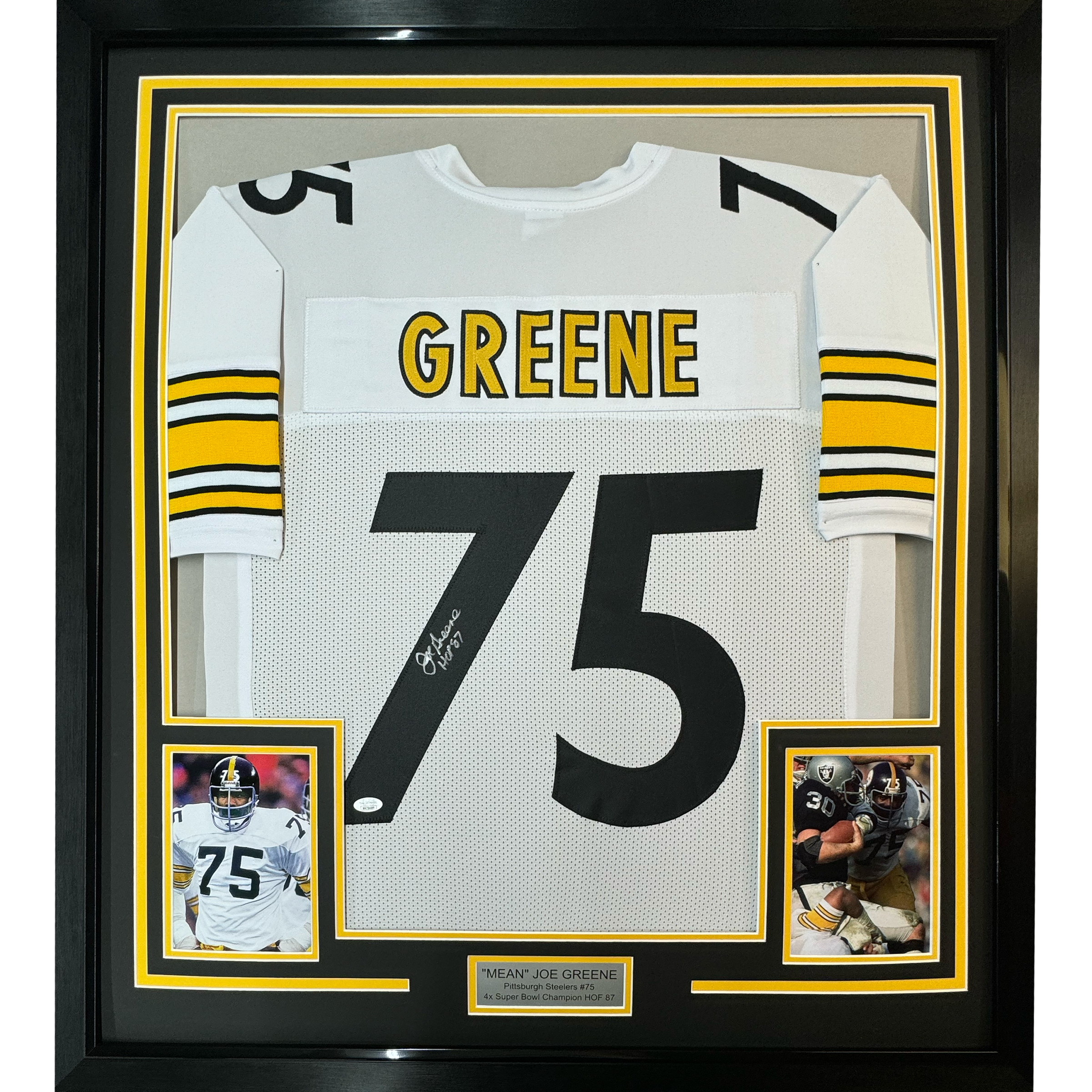 Framed Autographed/Signed Mean Joe Greene HOF 87 35x39 Pittsburgh White Football Jersey JSA COA