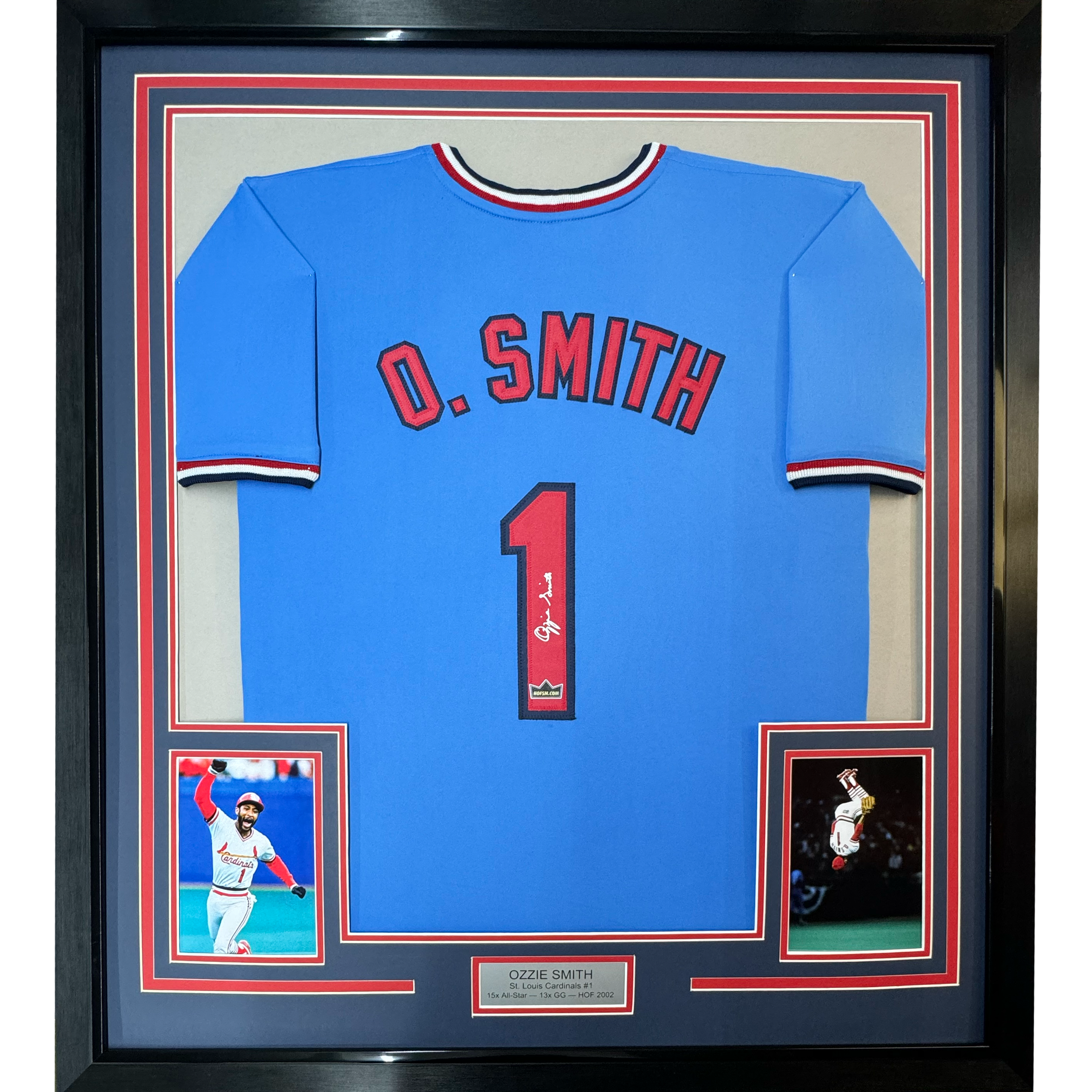 Framed Facsimile Autographed Ozzie Smith 35x39 St. Louis Blue Reprint Laser Auto Baseball Jersey