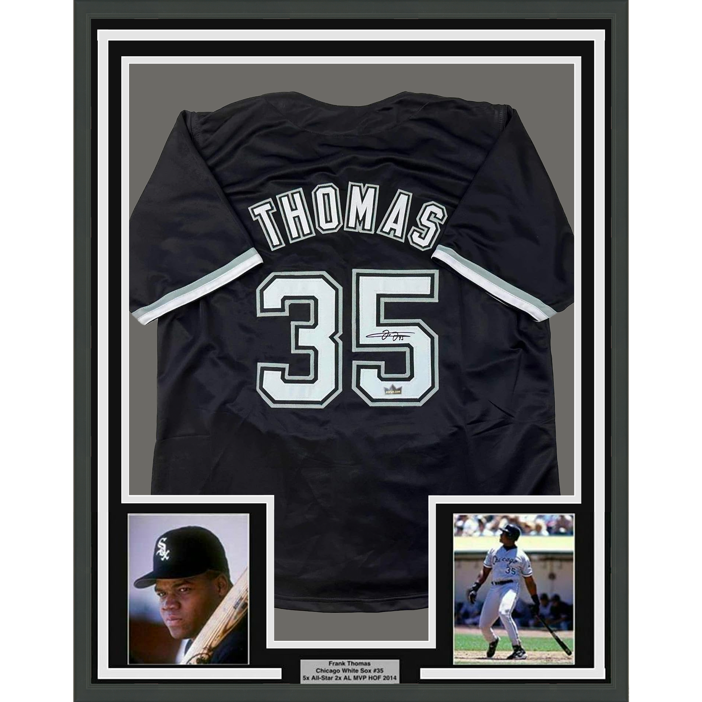 Framed Facsimile Autographed Frank Thomas 35x39 Chicago Black Reprint Laser Auto Baseball Jersey