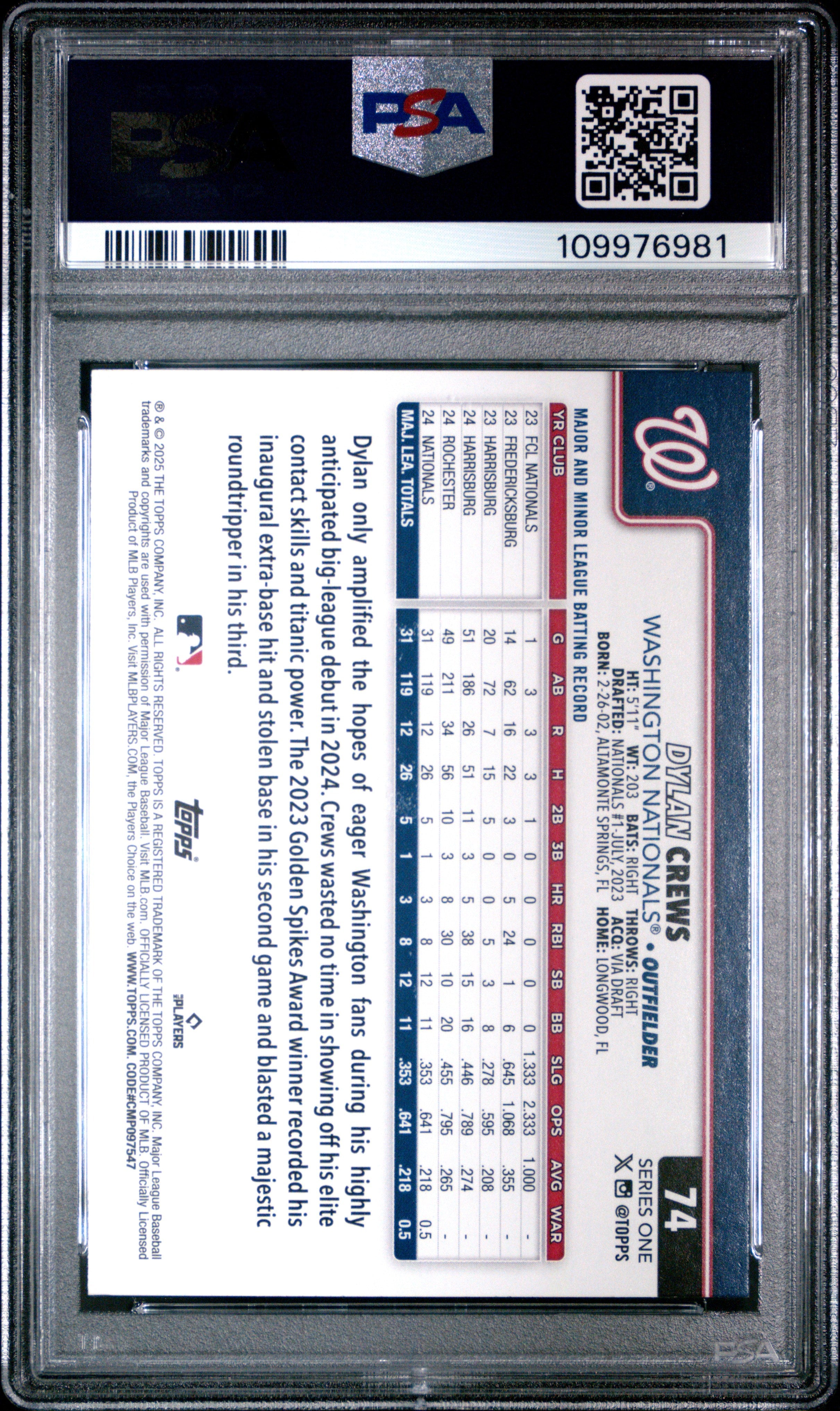 Graded 2025 Topps Dylan Crews #74 Rookie RC Baseball Card PSA 10 Gem Mint