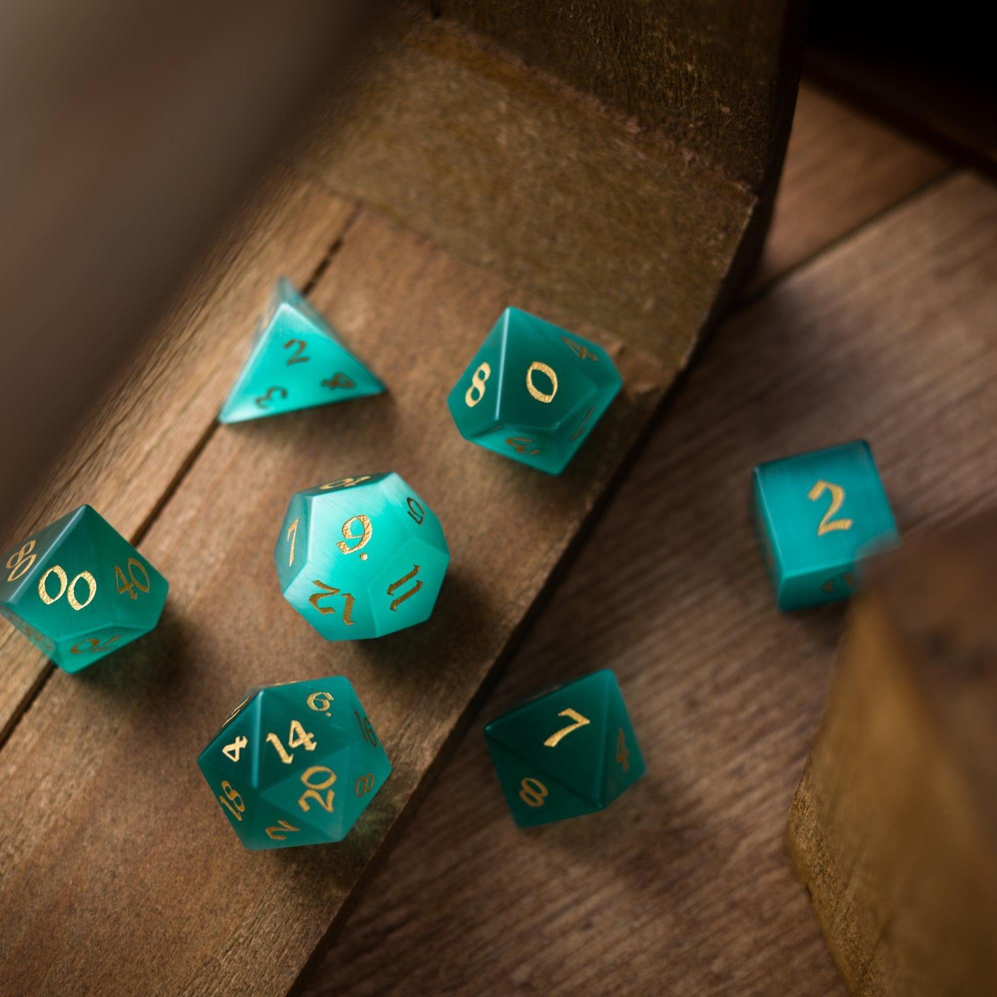 Gemstone Aquamarine Cats Eye Stone Hand Carved DND Dice Set
