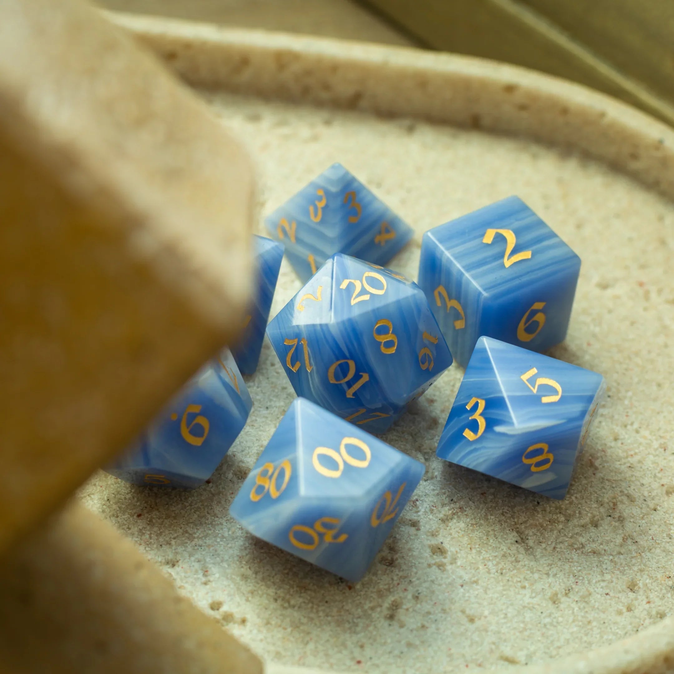 Gemstone Blue Lace Agate Eye Stone Hand Carved DND Dice Set