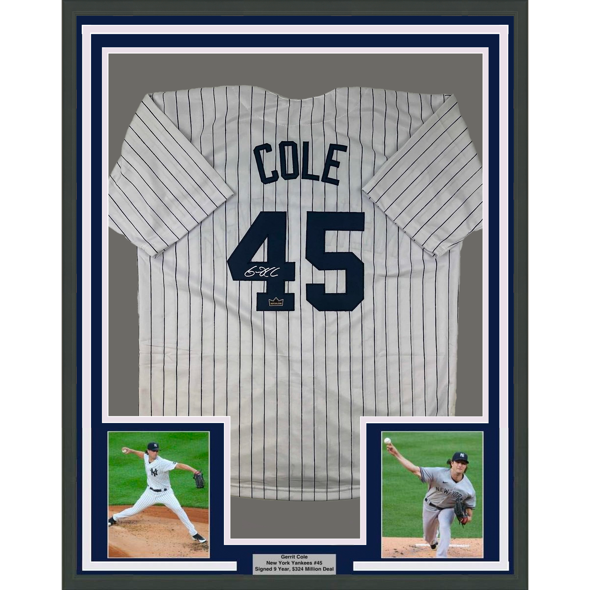 Framed Facsimile Autographed Gerrit Cole 35x39 New York Pinstripe Reprint Laser Auto Baseball Jersey