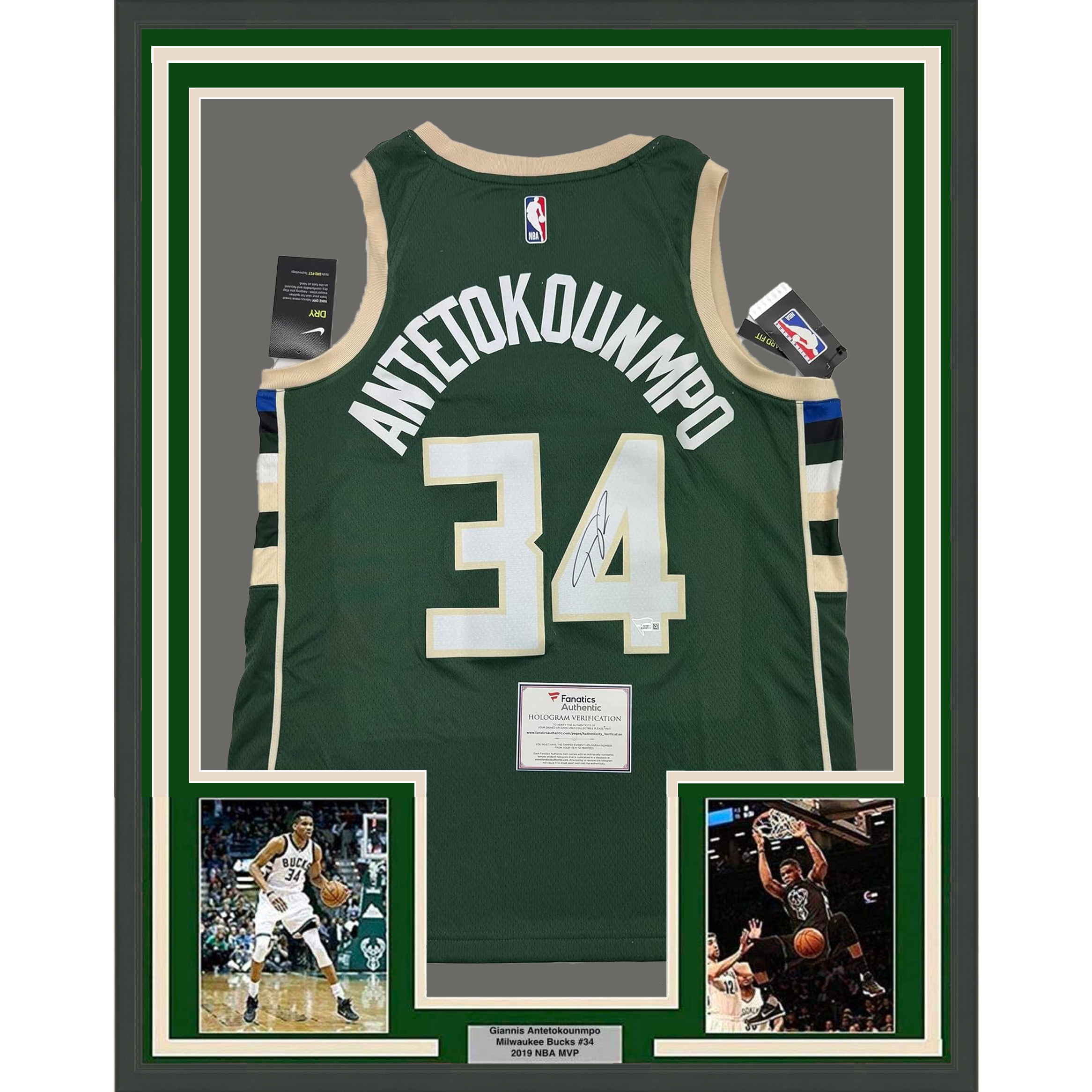 Framed Autographed/Signed Giannis Antetokounmpo 35x39 Milwaukee Green Custom Basketball Jersey Fanatics COA