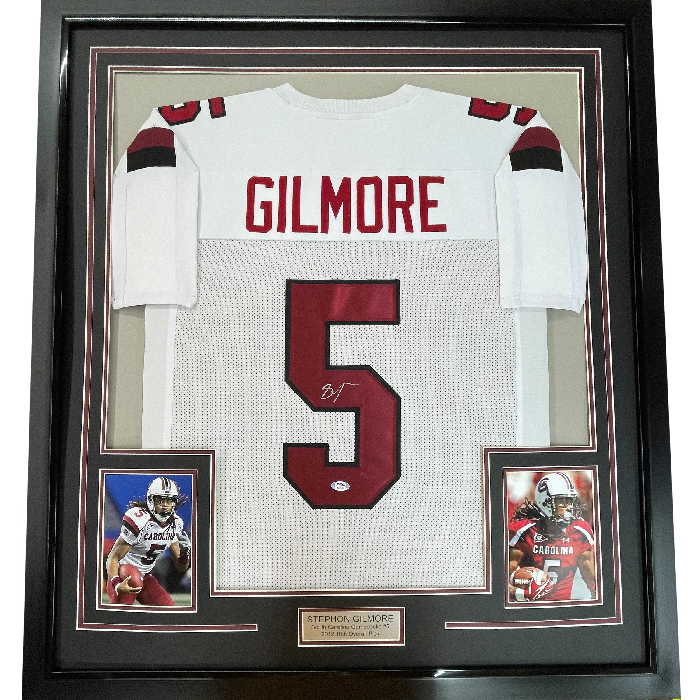 Framed Autographed/Signed Stephon Gilmore 35x39 South Carolina White College Football Jersey PSA/DNA COA