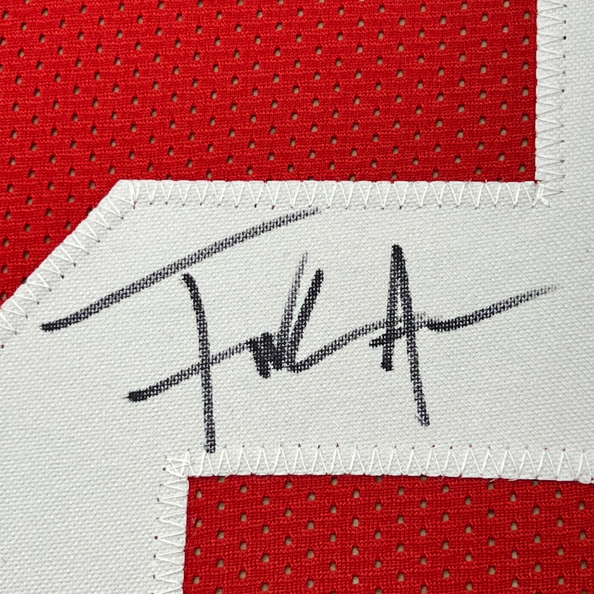 Framed Autographed/Signed Frank Gore 35x39 San Francisco Red Football Jersey JSA COA