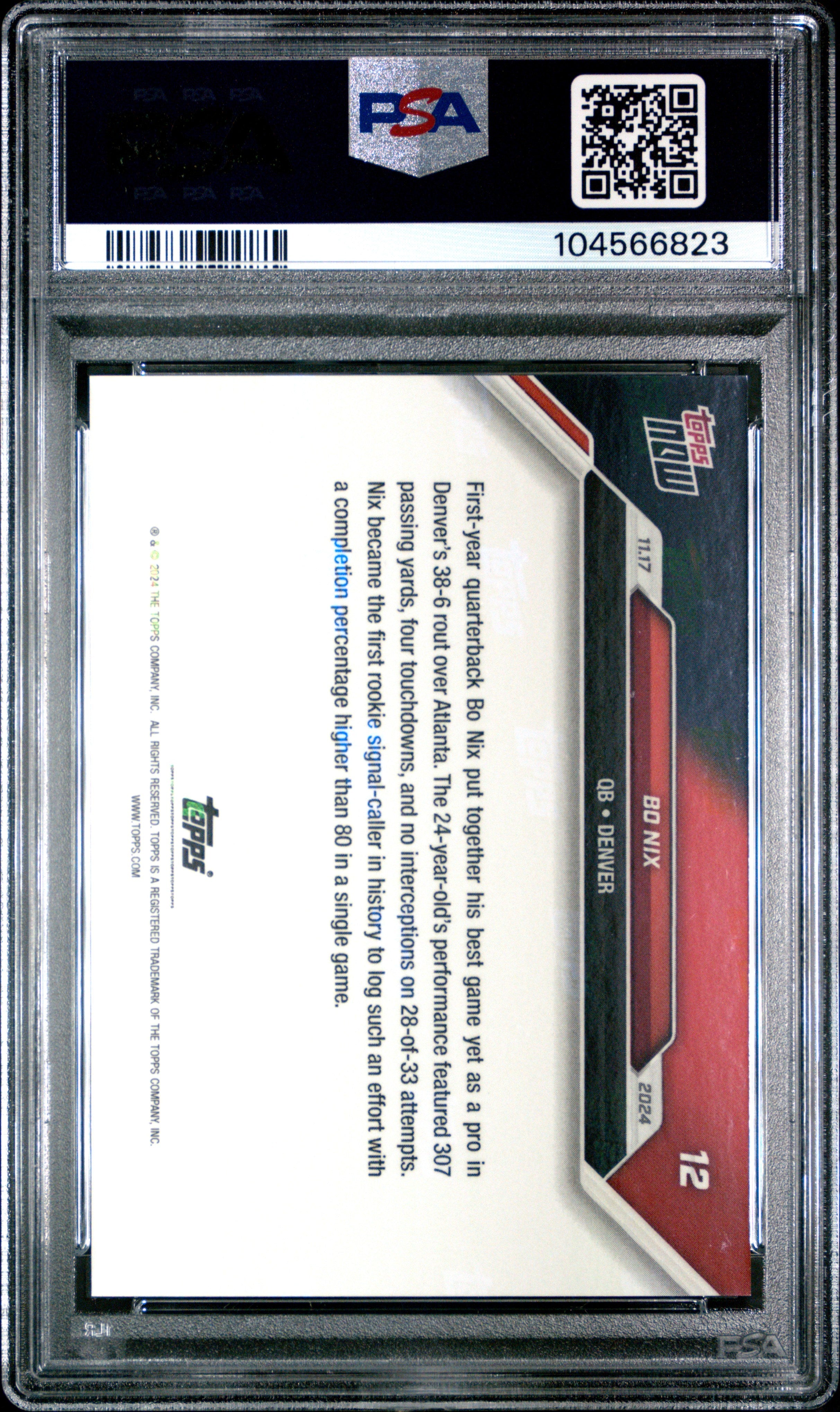 Graded 2024 Topps Now Bo Nix #12 1st Career 4TD, 300 Yard Passing Game Rookie RC Football Card PSA 10 Gem Mint