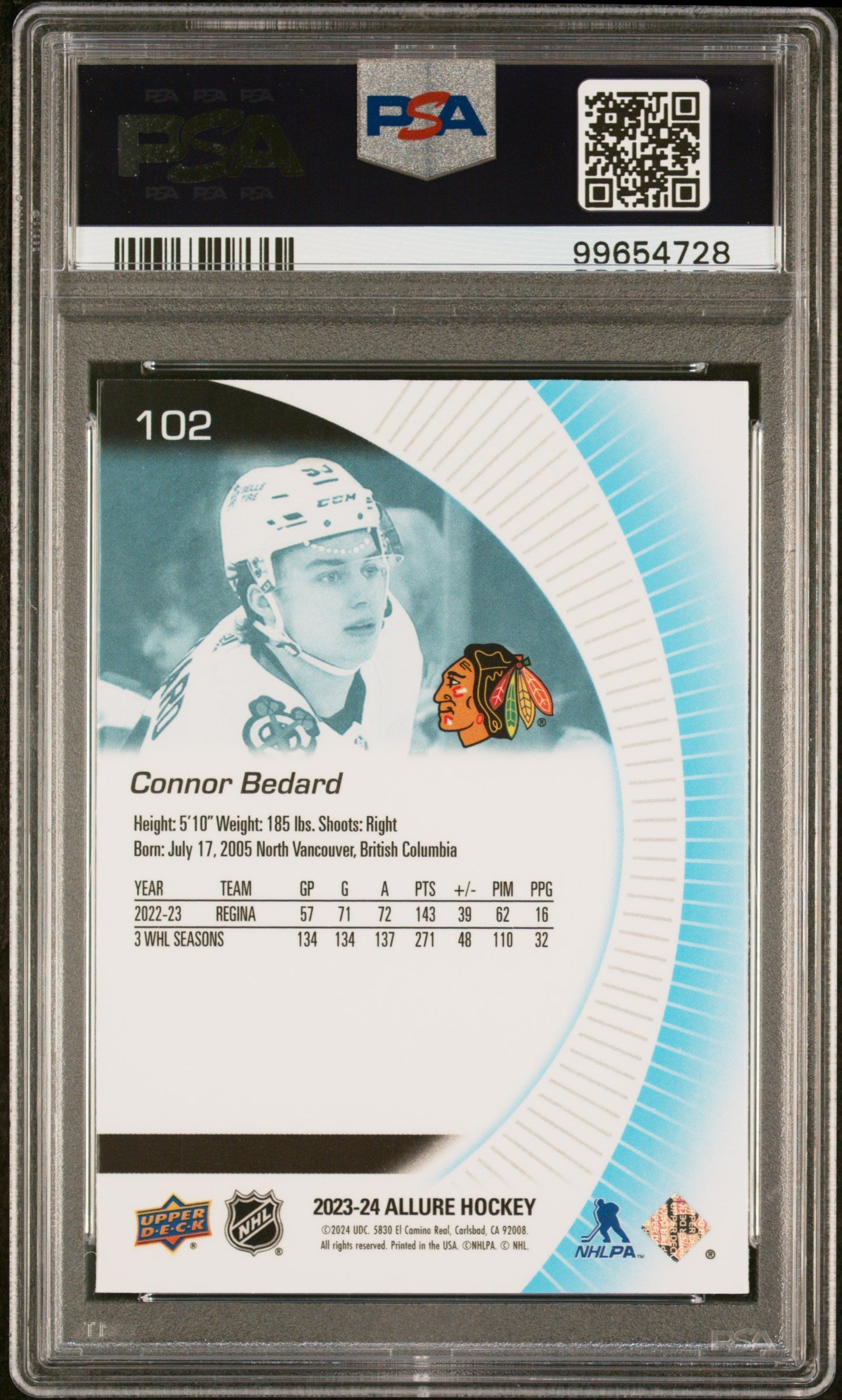 Graded 2023 Upper Deck Allure Connor Bedard #102 Rookie RC Hockey Card