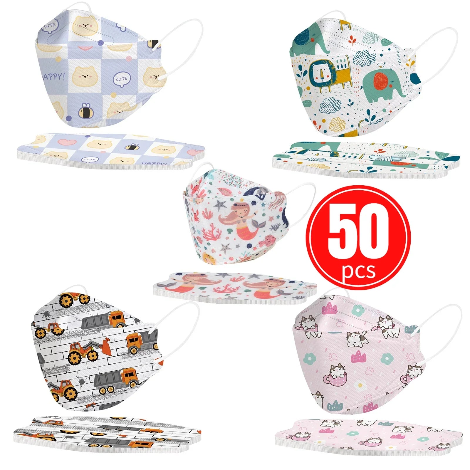 Kids KN95 Masks – Cartoon Dinosaur, Cat, and Rainbow Prints – 4-Ply Breathable