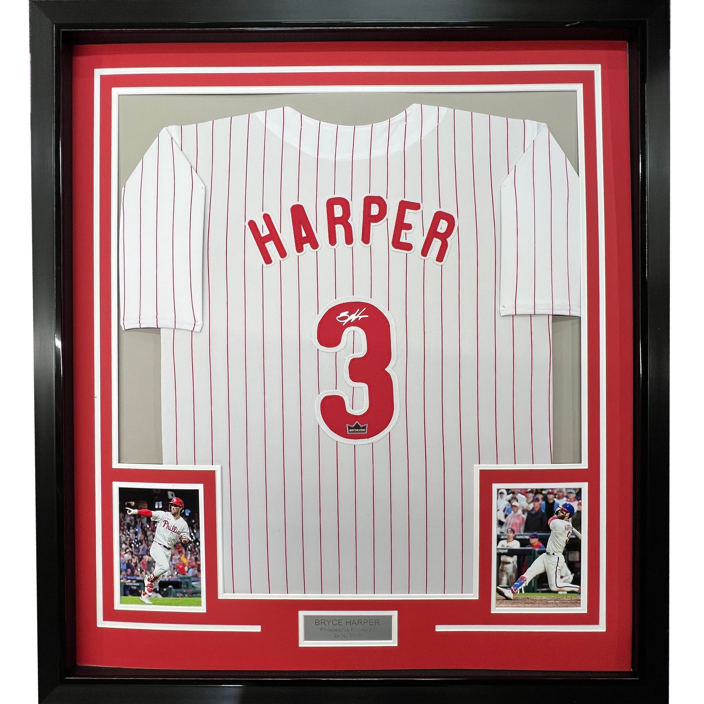 Framed Facsimile Autographed Bryce Harper 35x39 Philadelphia Pinstripe Reprint Laser Auto Baseball Jersey