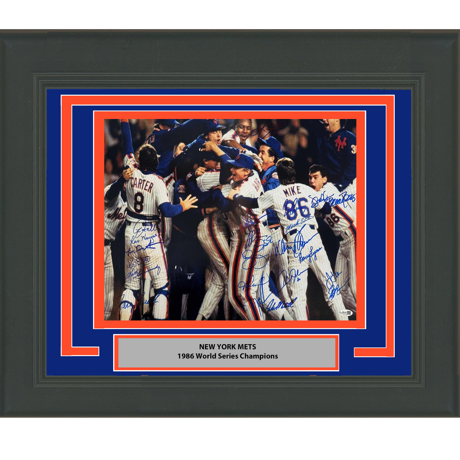 Framed Autographed/Signed 1986 New York Mets Team 26x Sigs World Series Champions 16x20 Baseball Photo JSA COA
