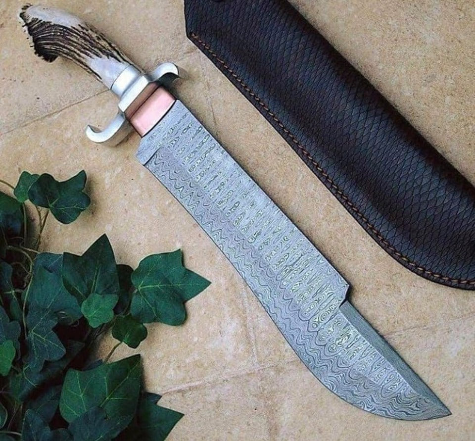 Hunters Big Bowie Knife with Leather Sheath for Sale – Custom Handmade Full Tang Damascus Steel Blade, Antler Horn Handle with Steel & Copper Guards | 20-Inch Survival Knife – KBS Knives
