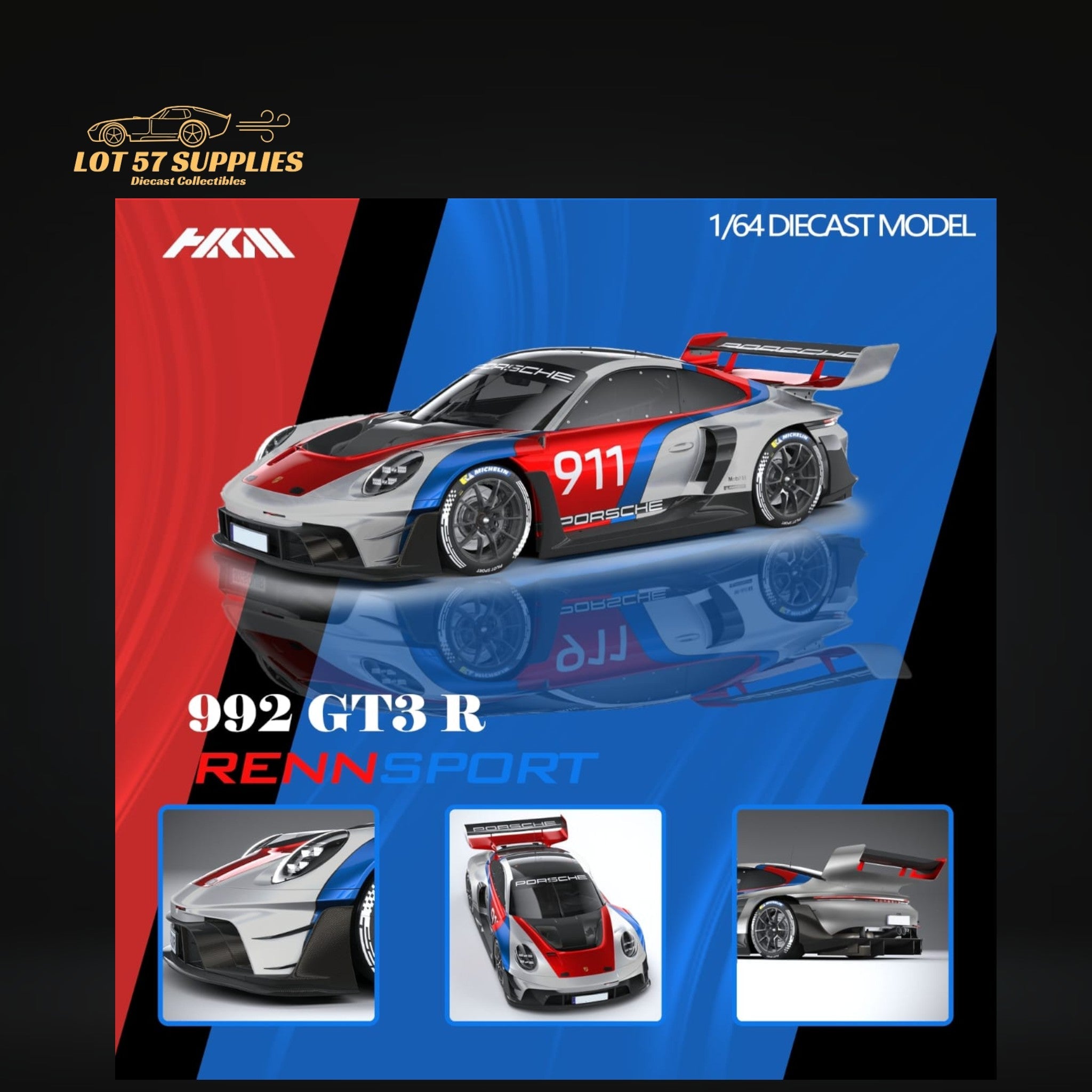 (Pre-Order) HKM Model Porsche 911 (992) GT3 R Rennsport Silver #911 1:64