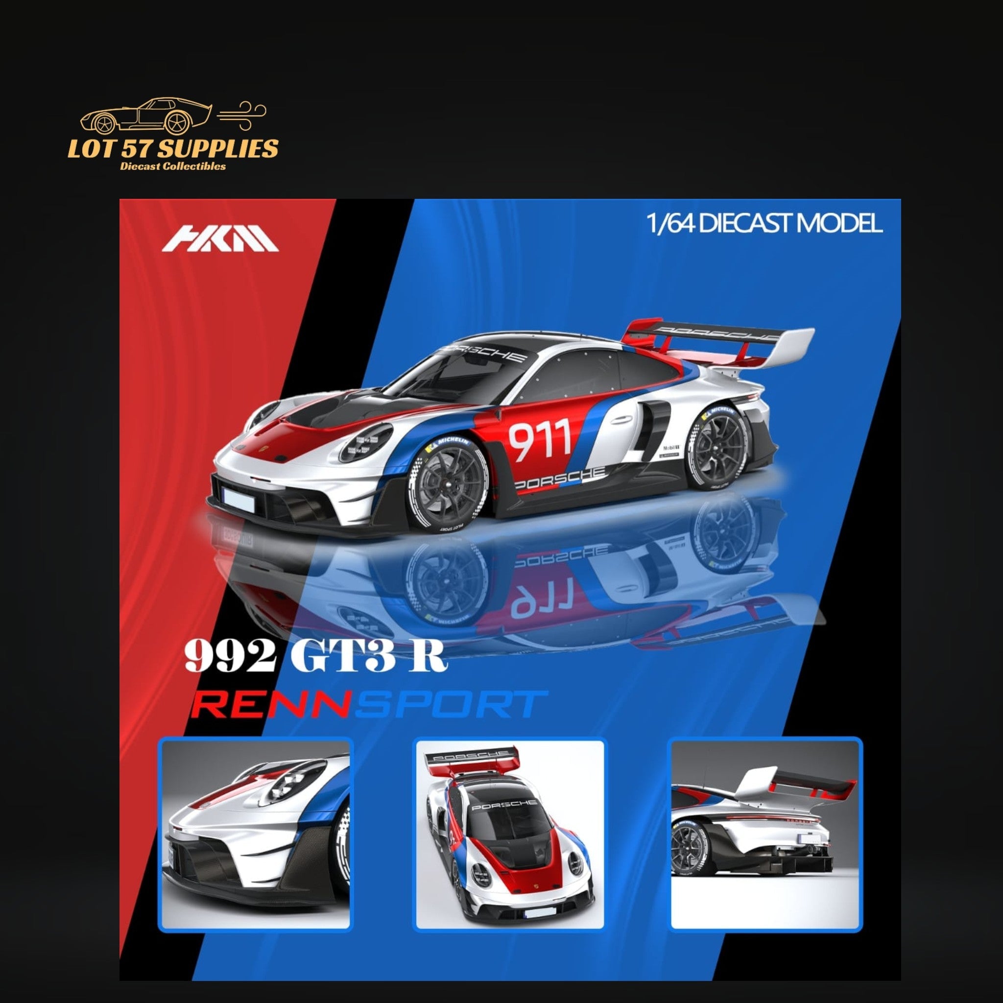 (Pre-Order) HKM Model Porsche 911 (992) GT3 R Rennsport White #911 1:64