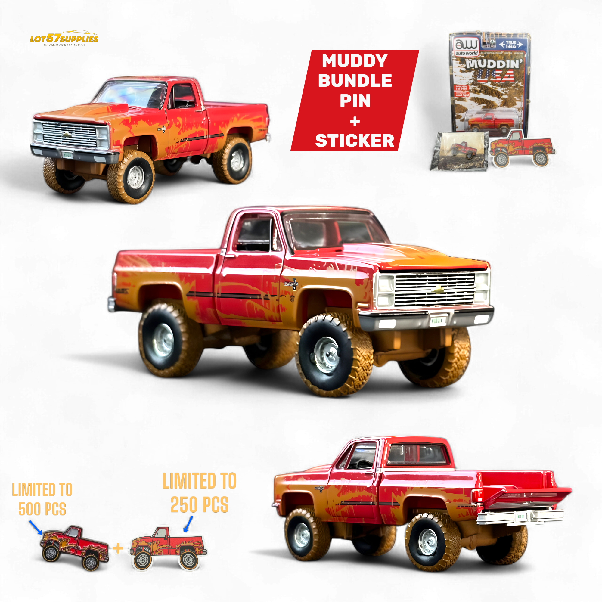 Auto World 1983 Chevrolet Silverado K10 4x4 Muddy LIFTED Squarebody 1:64 BUNDLE 1:64