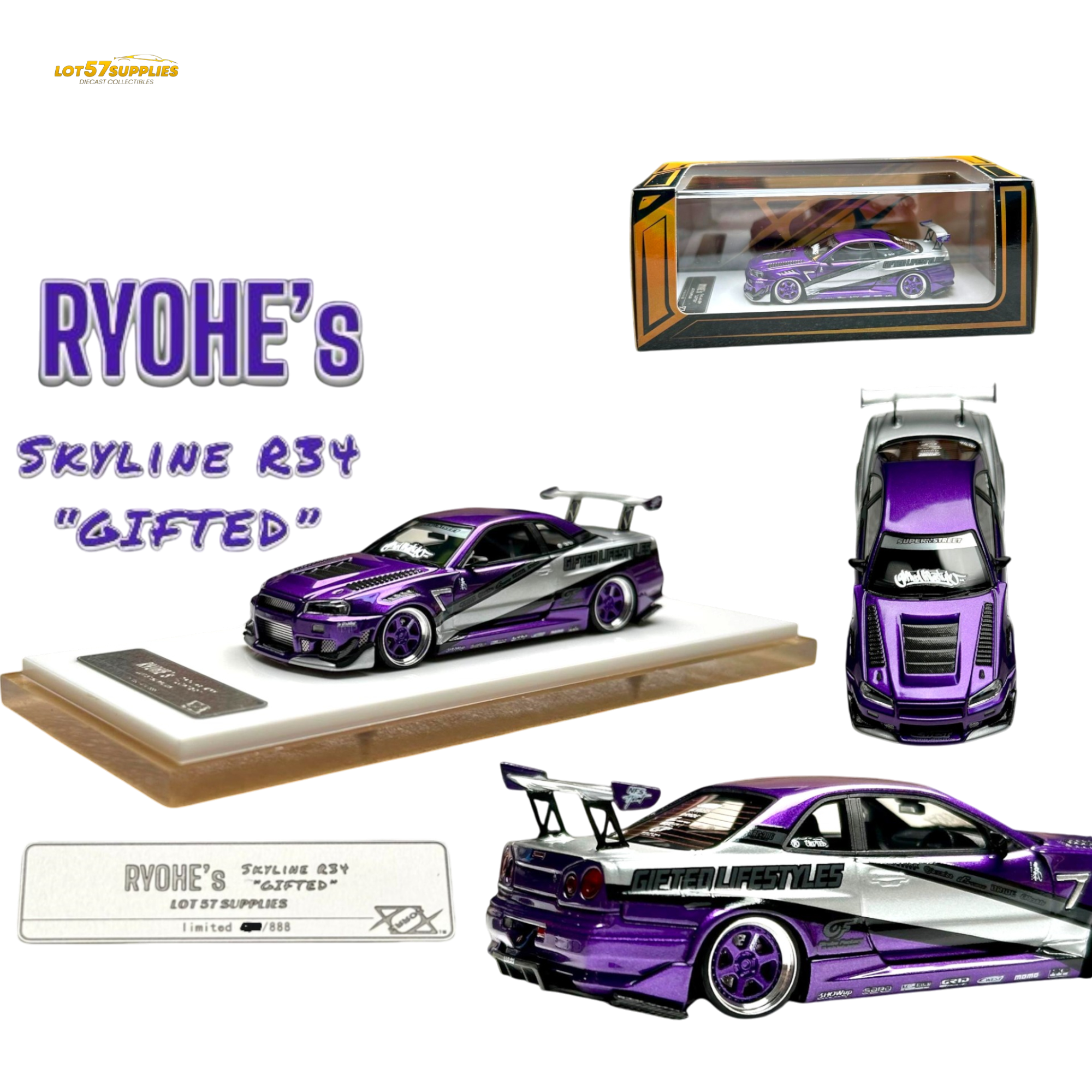 Error404 X LOT 57 Exclusive RYOHE's Skyline R34 "GIFTED" Resin 1:64