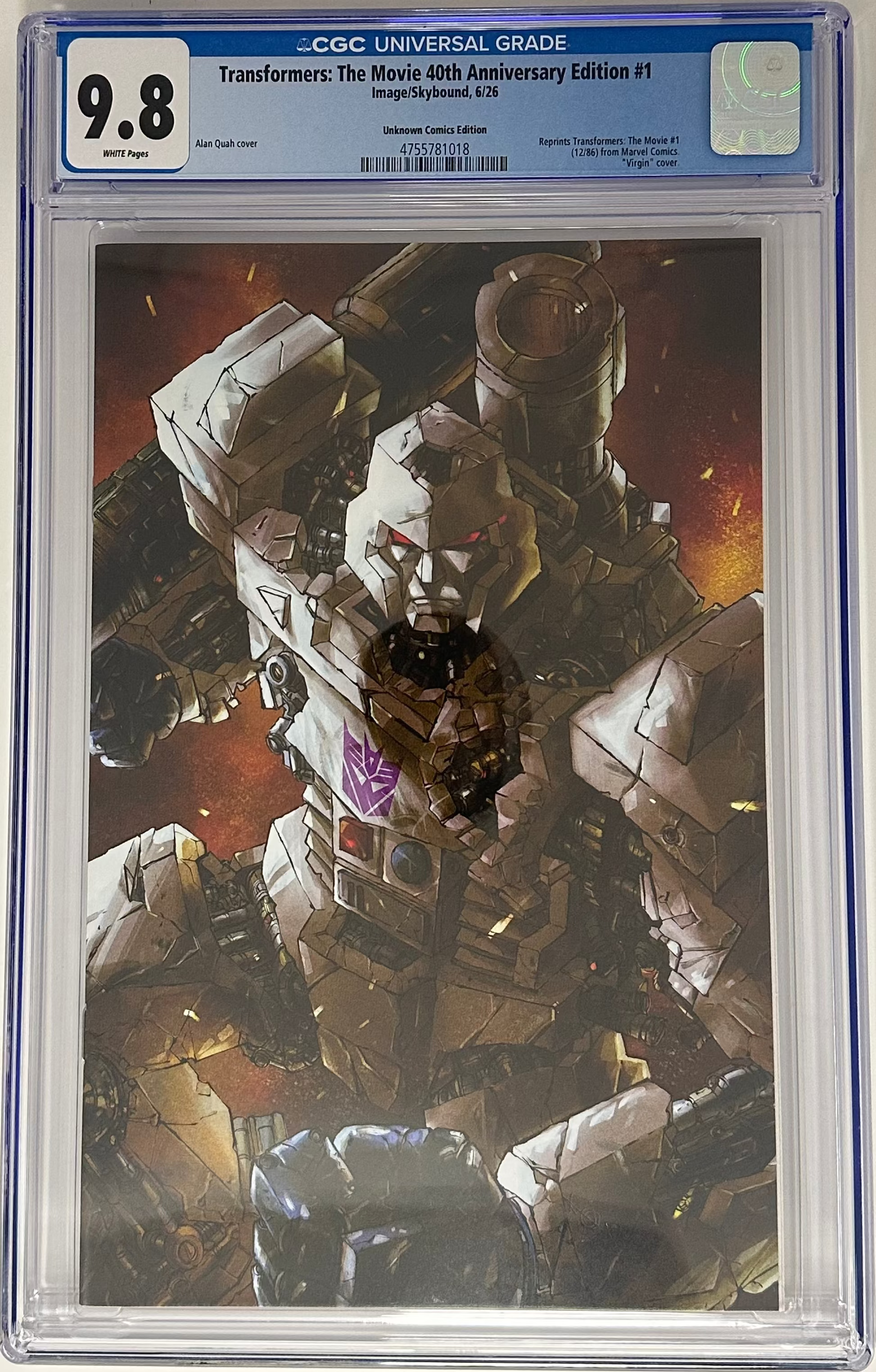 TRANSFORMERS: THE MOVIE 40TH ANNIVERSARY EDITION #1 CGC 9.8 BLUE LABEL ALAN QUAH EXCLUSIVE VIRGIN VAR [IN STOCK]