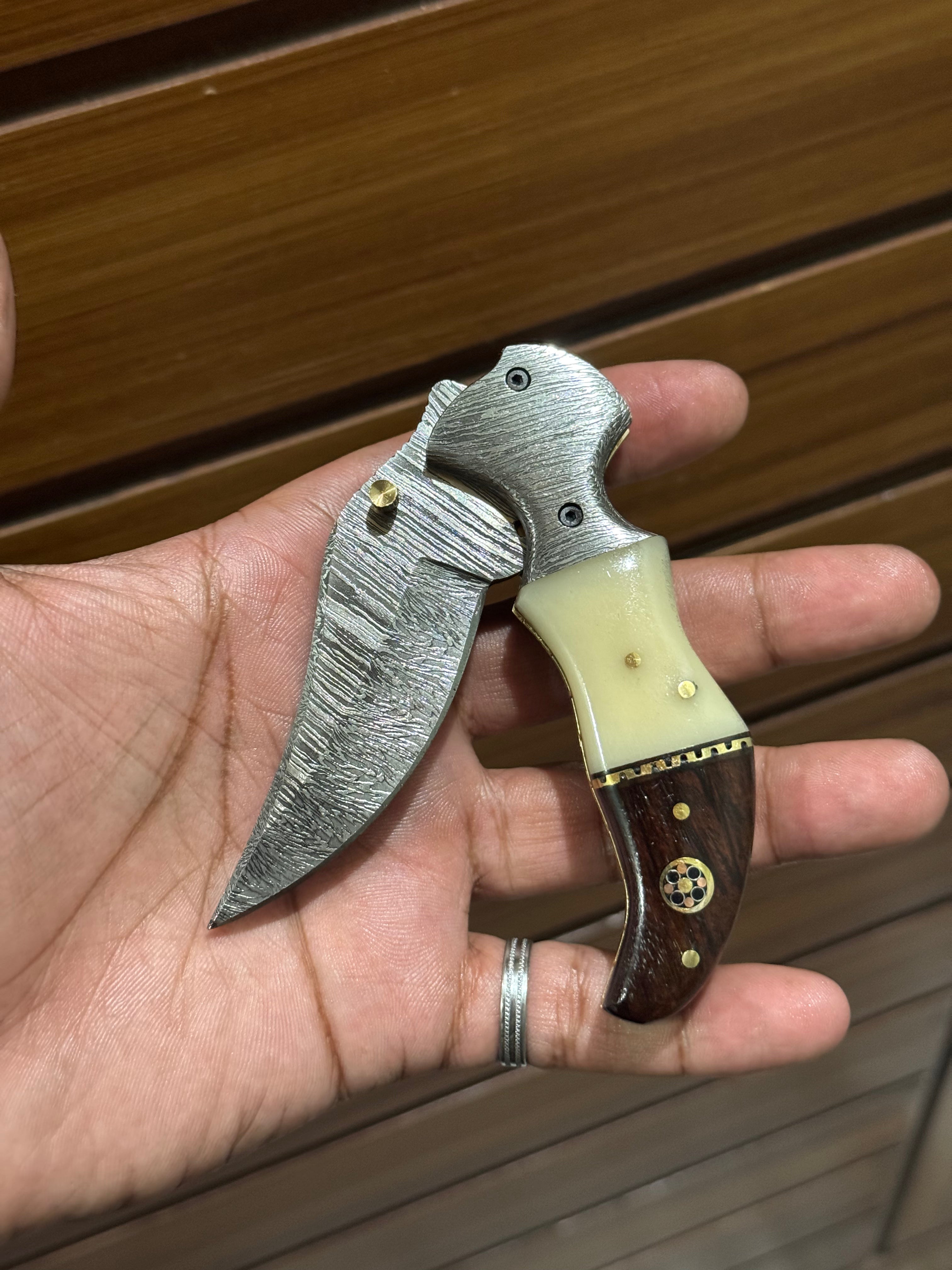 Damascus Handmade Custom Folding Pocket Knife with Buffalo Horn and Rosewood Handle, 3.2-inch Blade Length