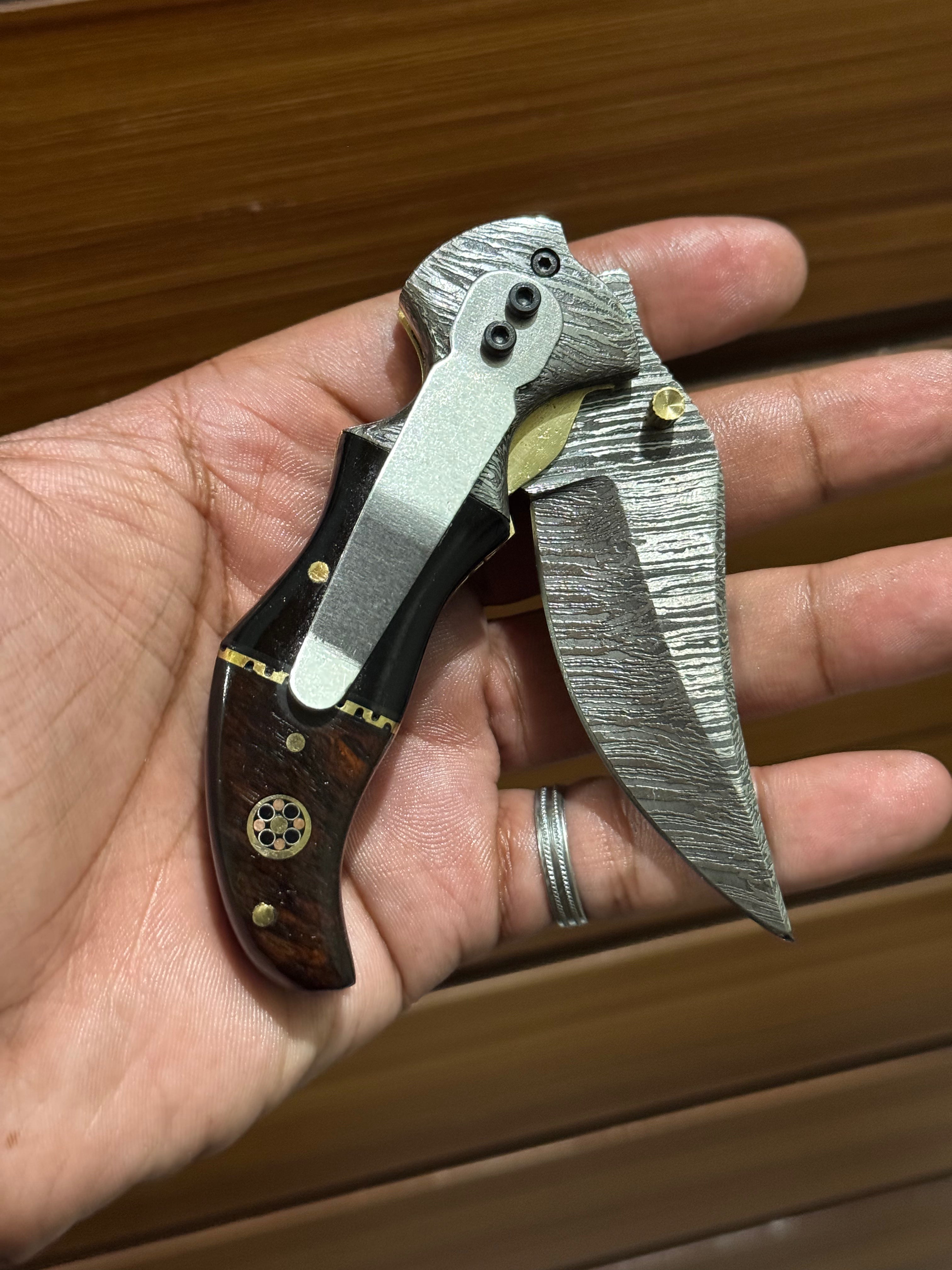 Damascus Handmade Custom Folding Pocket Knife with Buffalo Horn and Rosewood Handle, 3.2-inch Blade Length