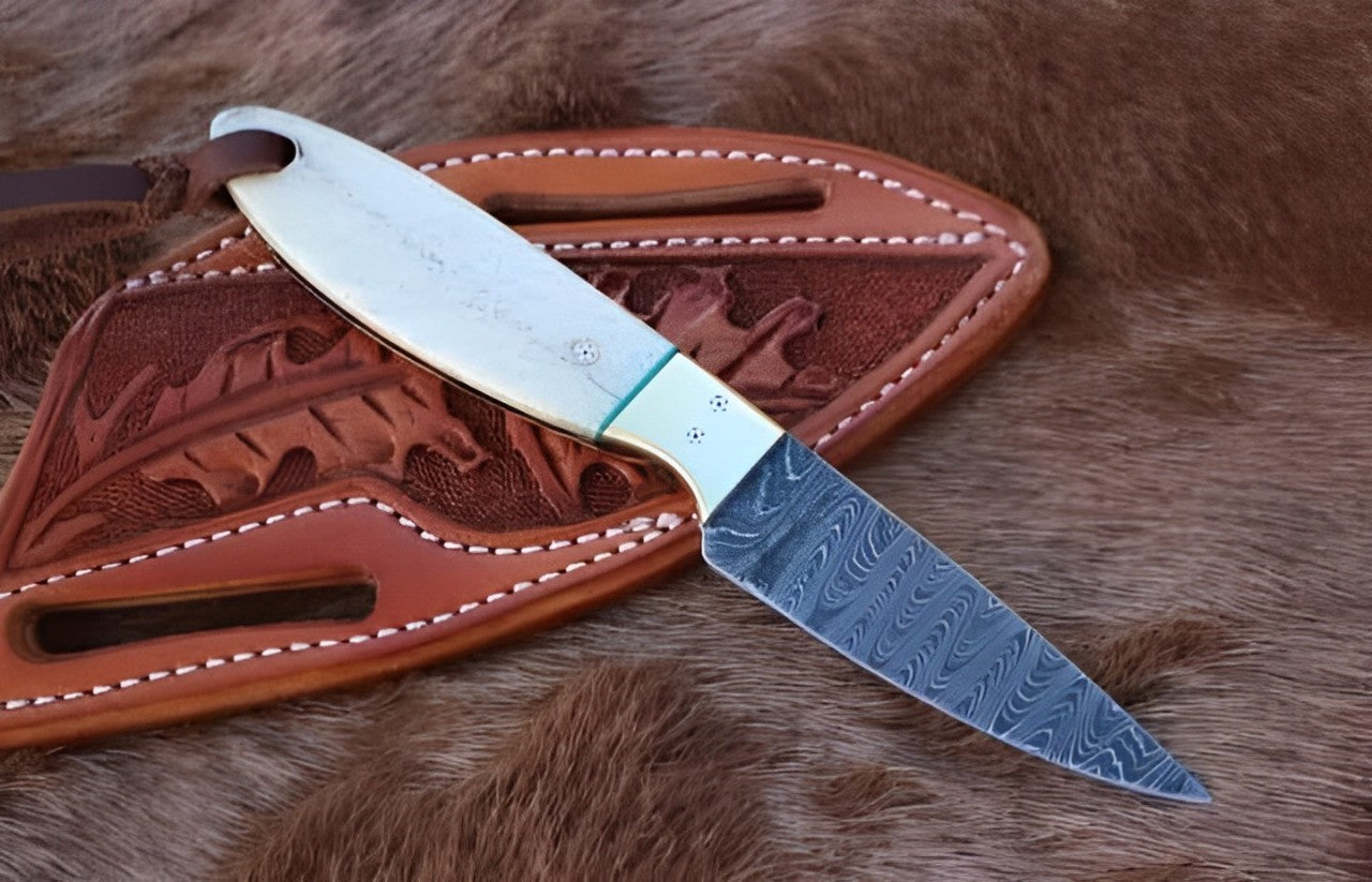 Western Damascus Cowboy Belt Knife with Bone Handle & Sheath