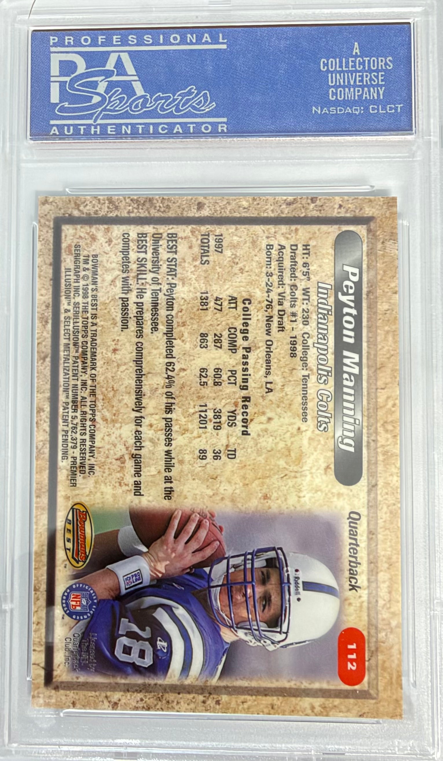 Graded 1998 Topps Bowmans Best Peyton Manning #112 Rookie RC Football Card PSA 10 Gem Mint