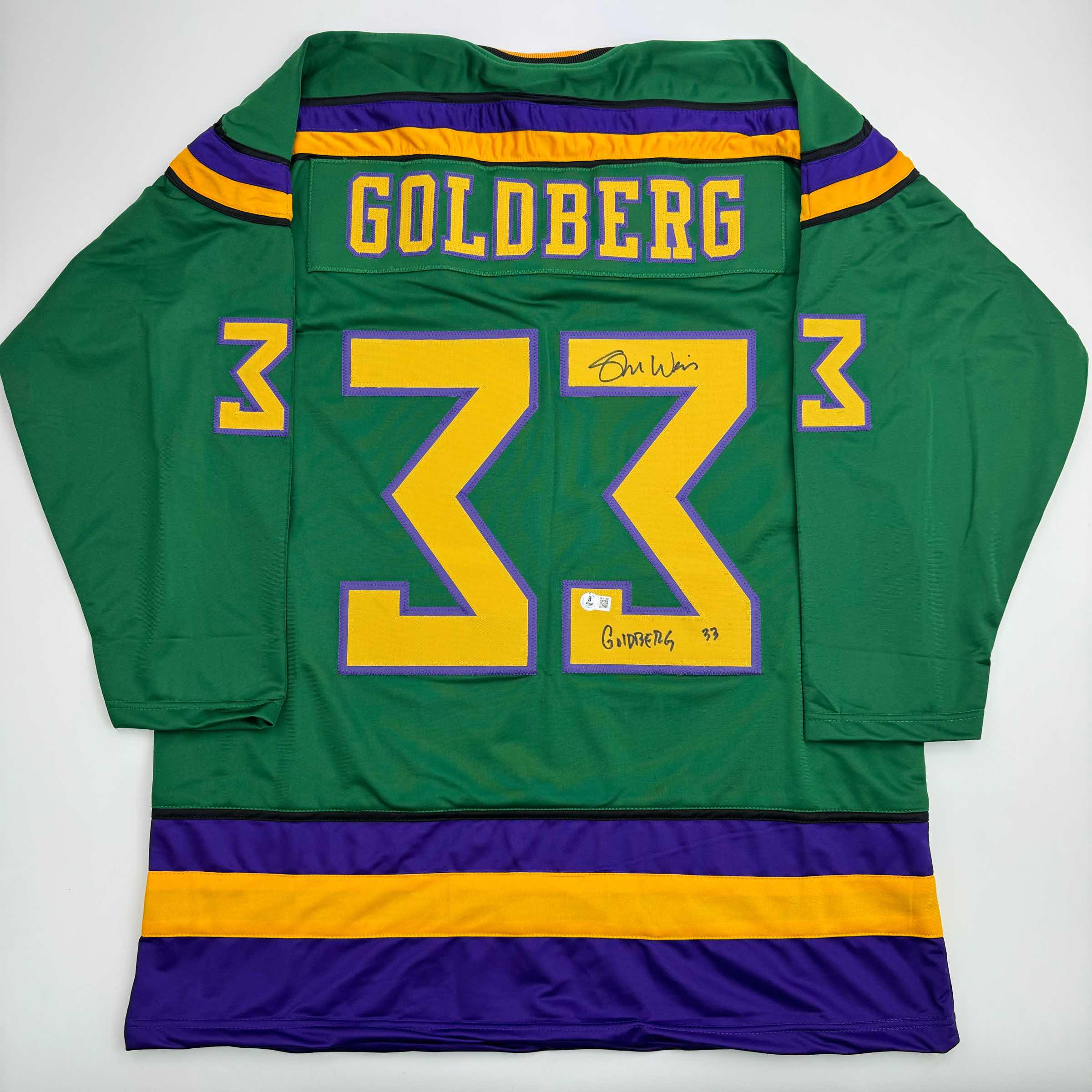 Autographed/Signed Shaun Weiss Greg Goldberg The Mighty Ducks Green Hockey Jersey Beckett BAS COA