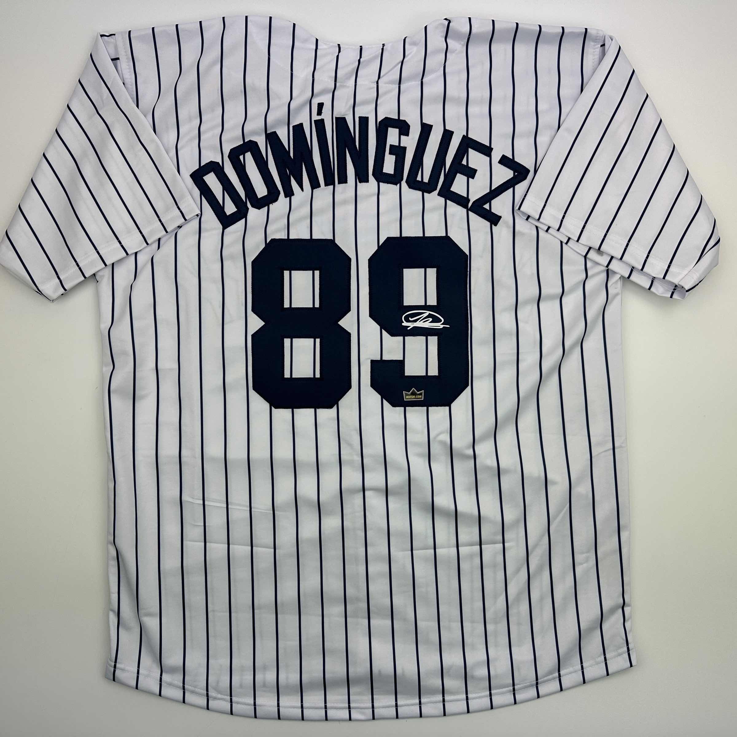 Facsimile Autographed Jasson Dominguez New York Pinstripe Reprint Laser Auto Baseball Jersey Size Men's XL