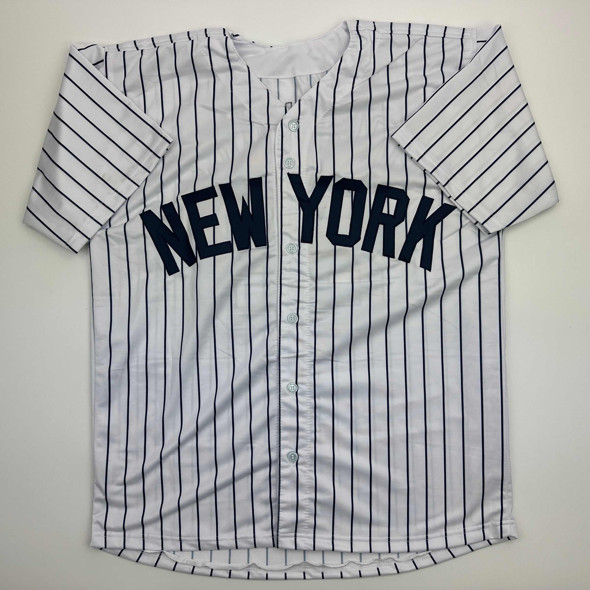 Facsimile Autographed Jasson Dominguez New York Pinstripe Reprint Laser Auto Baseball Jersey Size Men's XL