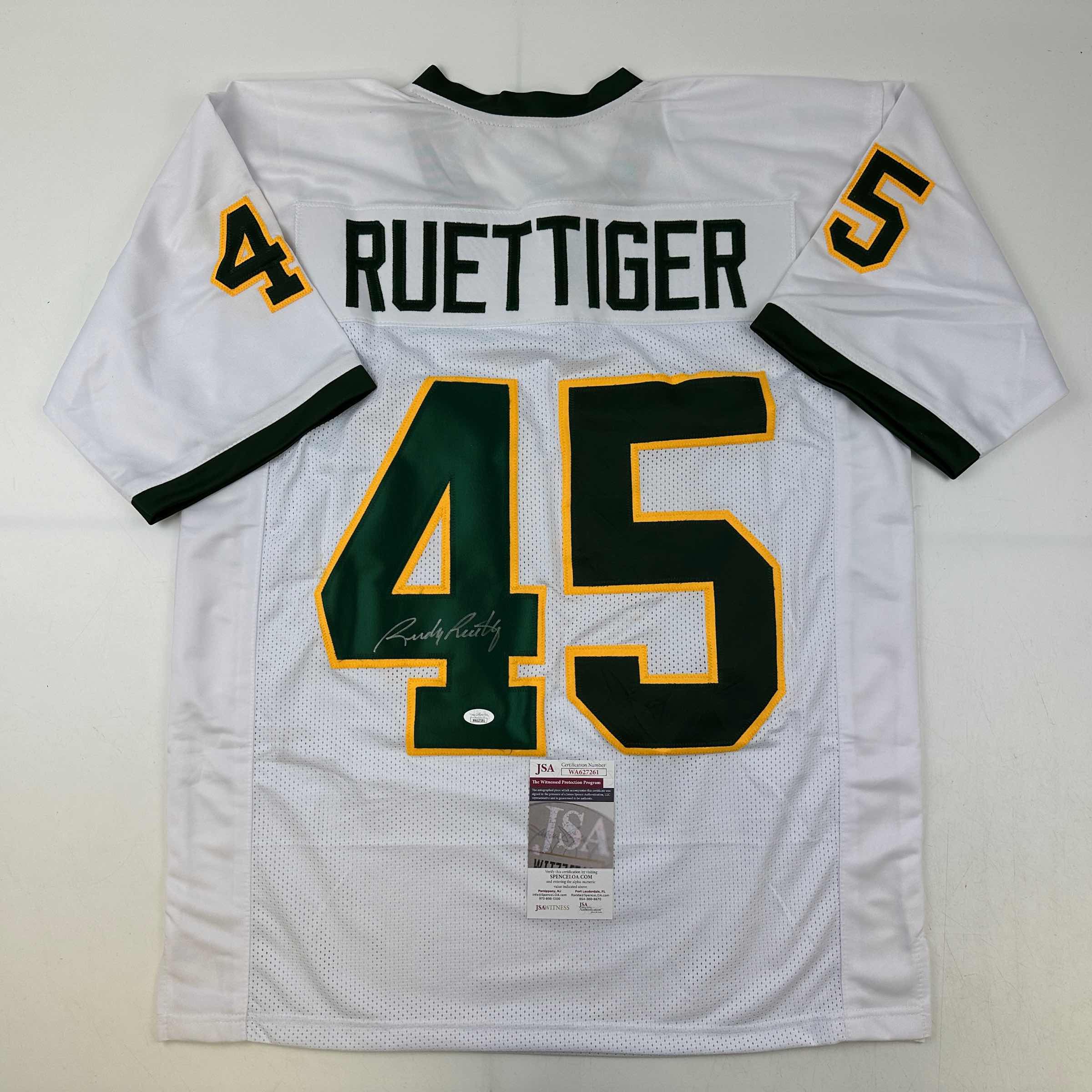 Autographed/Signed Rudy Ruettiger Notre Dame White/Green College Football Jersey JSA COA