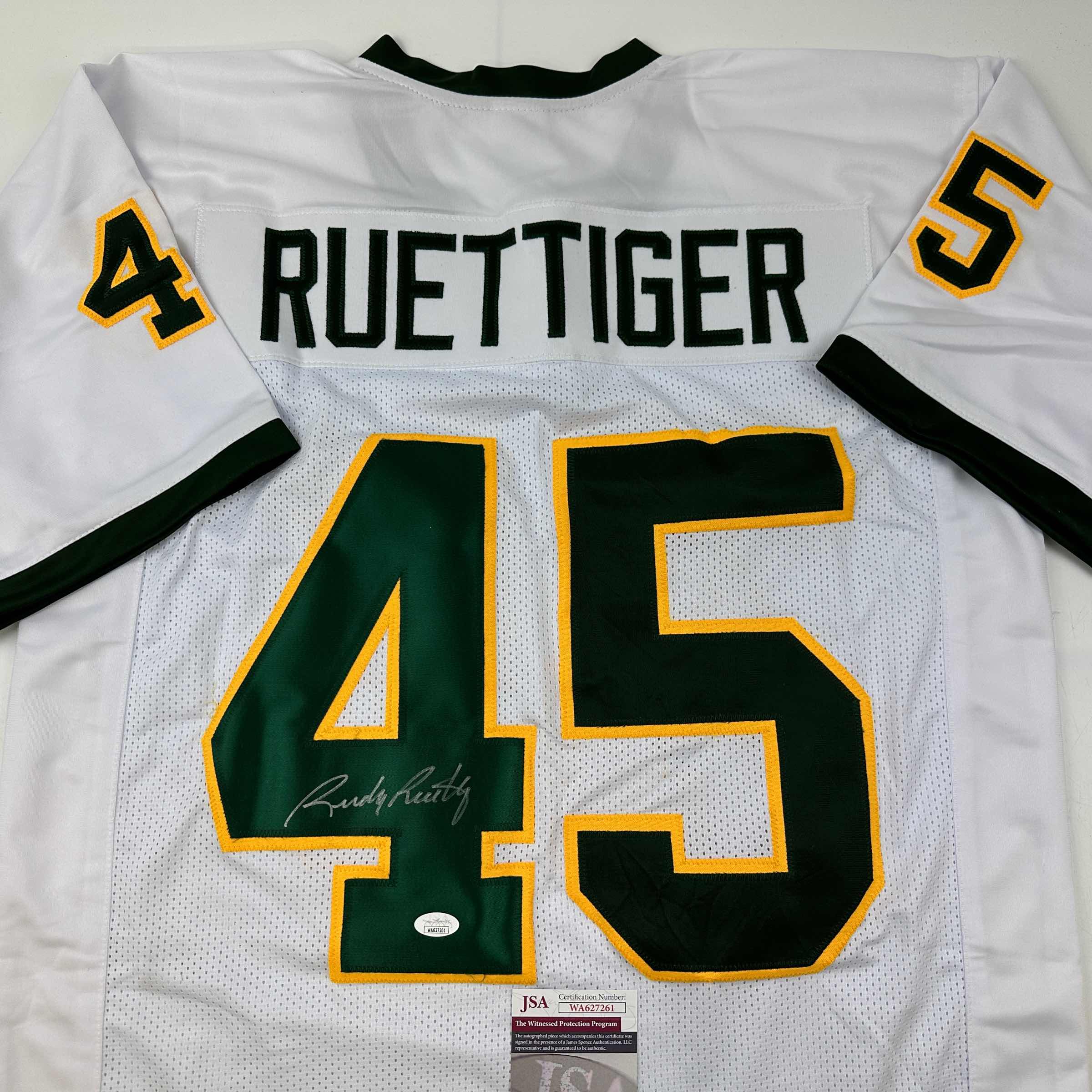 Autographed/Signed Rudy Ruettiger Notre Dame White/Green College Football Jersey JSA COA