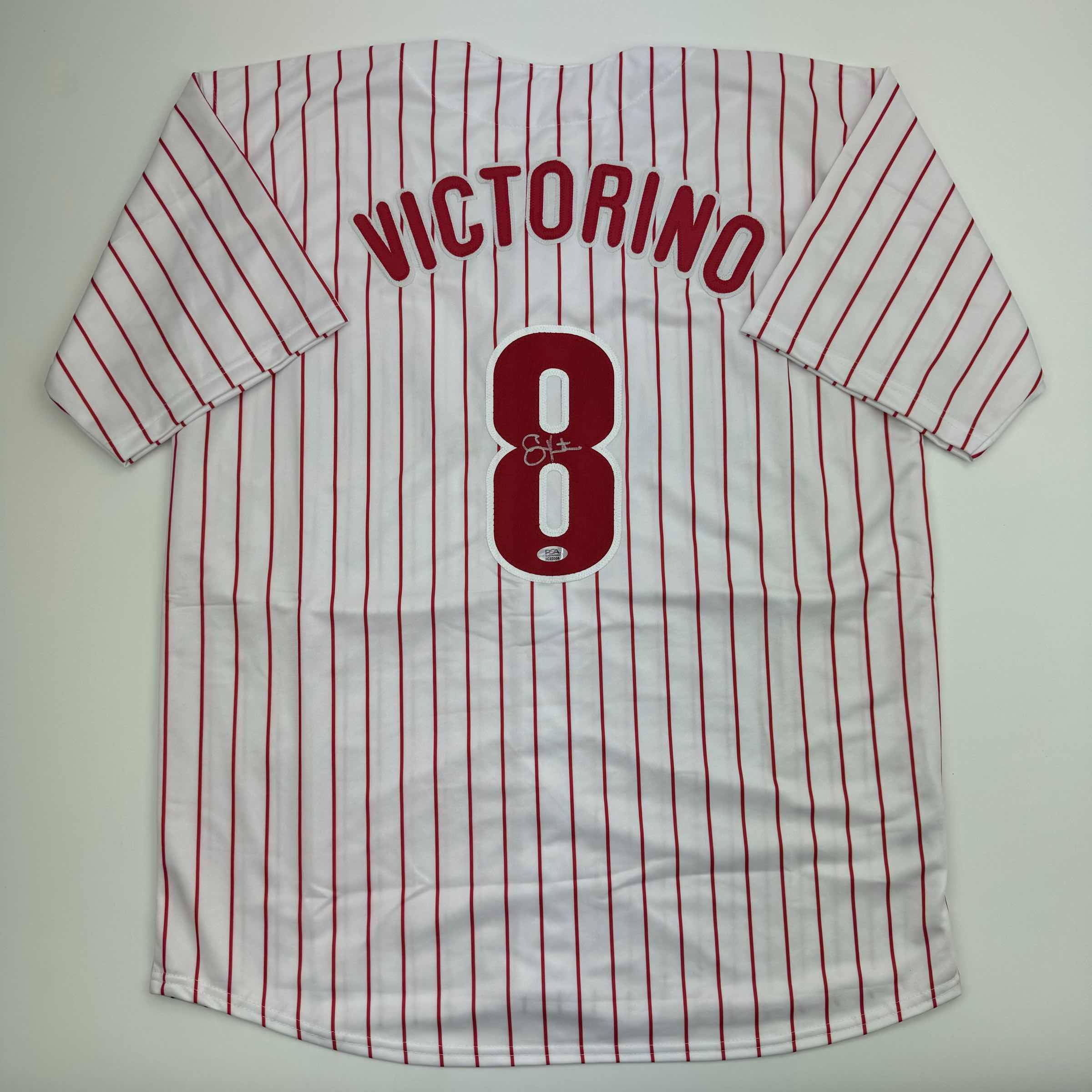 Autographed/Signed Shane Victorino Philadelphia Pinstripe Baseball Jersey PSA COA