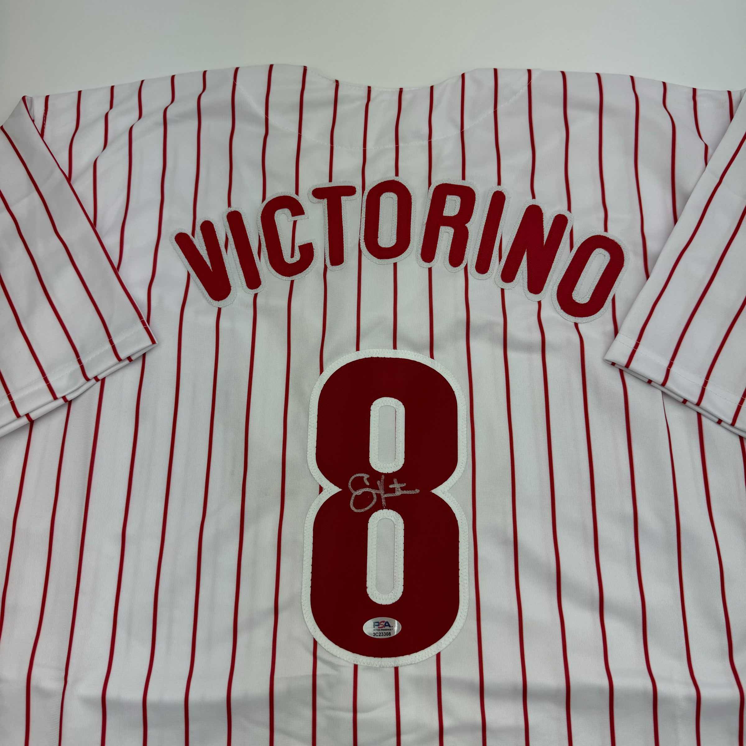 Autographed/Signed Shane Victorino Philadelphia Pinstripe Baseball Jersey PSA COA