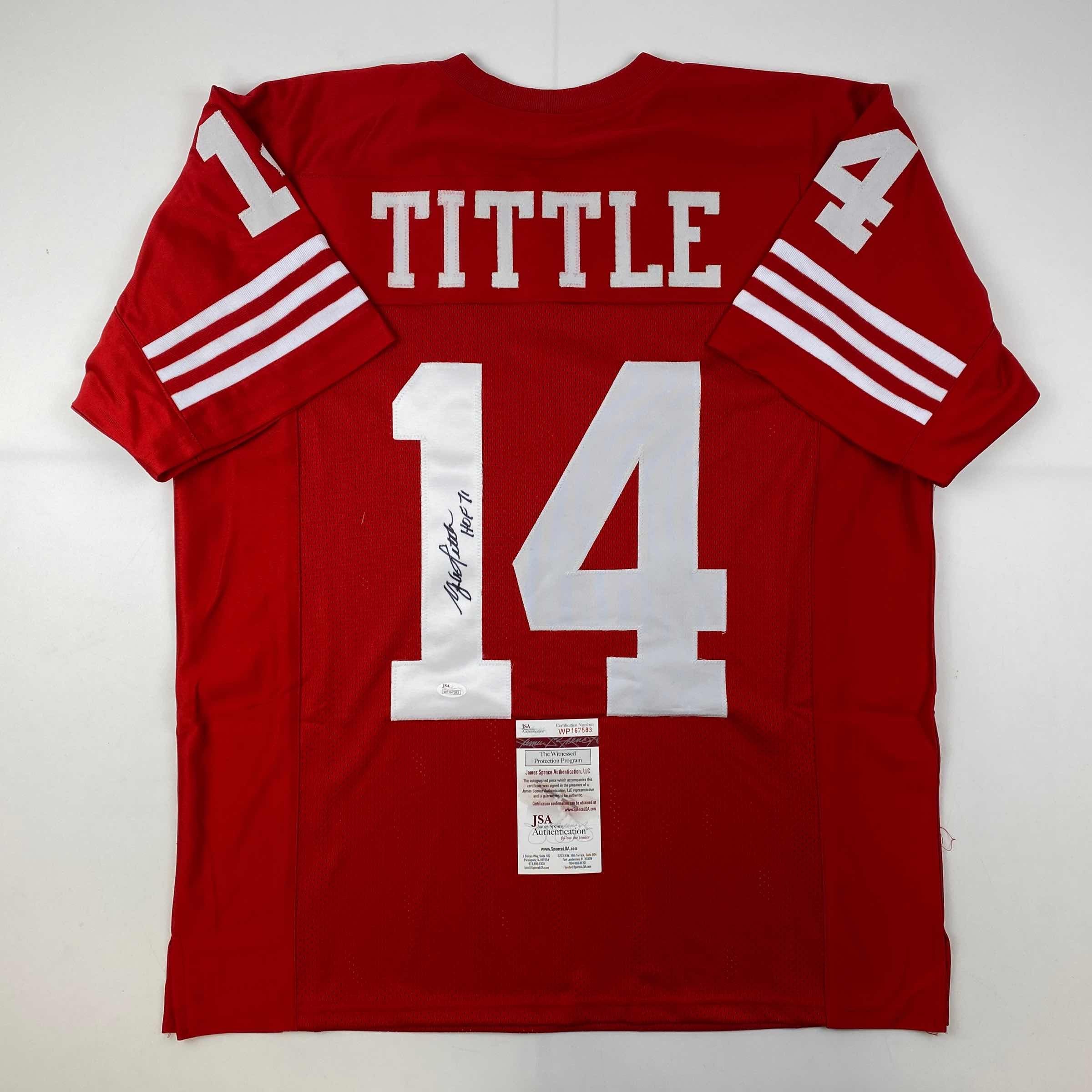 Autographed/Signed YA Y.A. Tittle HOF 71 San Francisco Red Football Jersey JSA COA