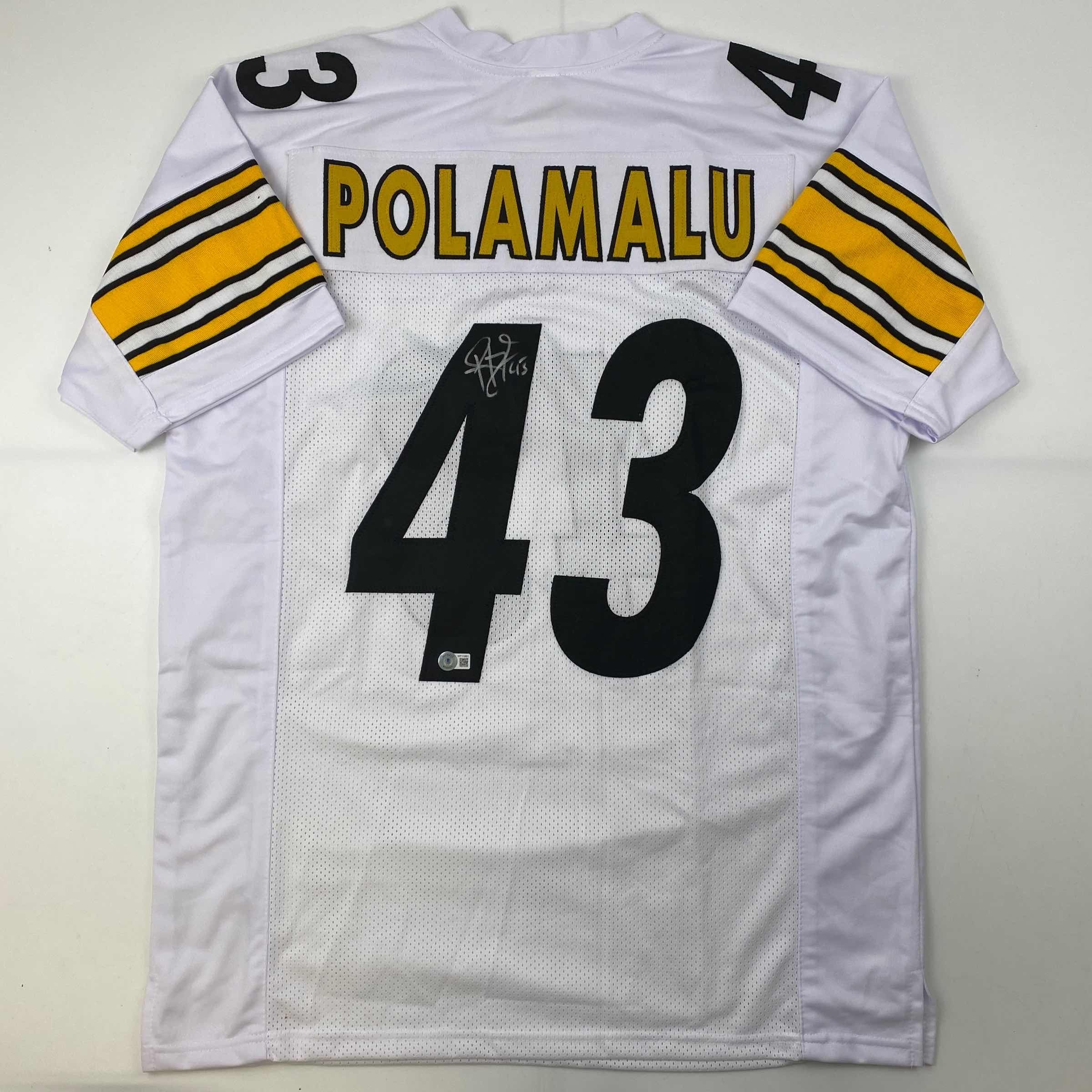 Autographed/Signed Troy Polamalu Pittsburgh White Football Jersey Beckett BAS COA