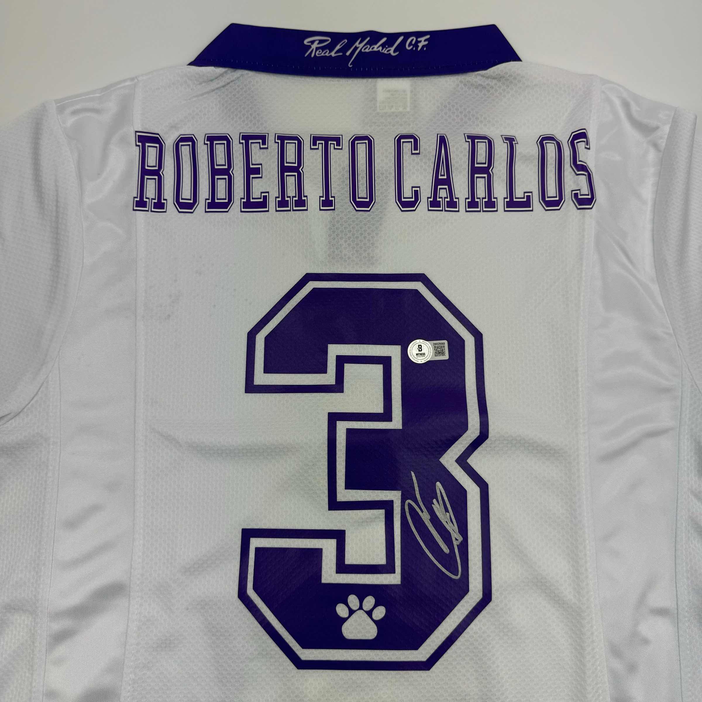 Autographed/Signed Roberto Carlos Real Madrid White Soccer Jersey Beckett BAS COA #2