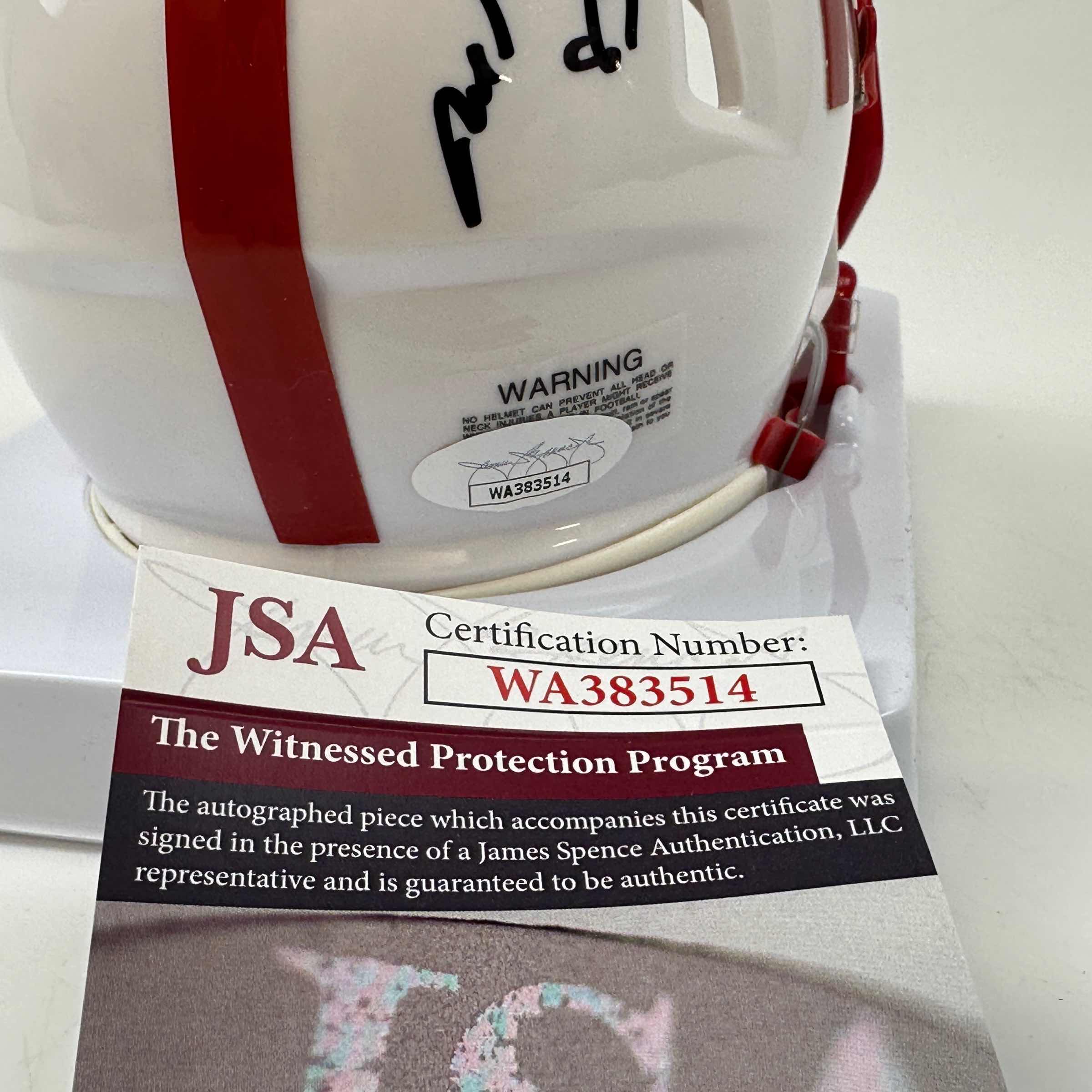 Autographed/Signed Johnny Rodgers, Mike Rozier, Eric Crouch Nebraska Cornhuskers Heisman Trophy Winners Mini College Football Helmet JSA COA