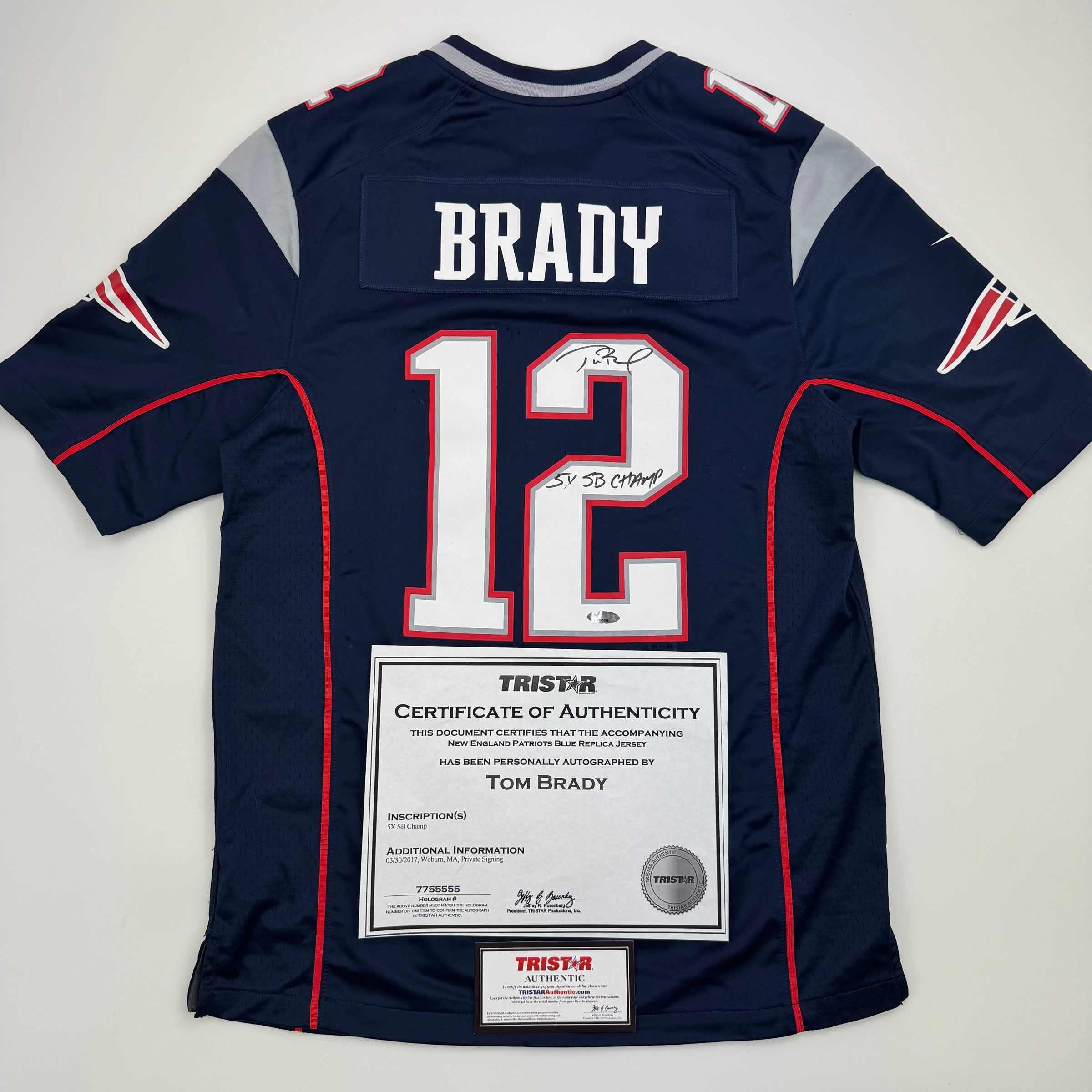 Autographed/Signed Tom Brady "5x SB Champ" New England Patriots Blue Authentic Nike Football Jersey Tristar COA