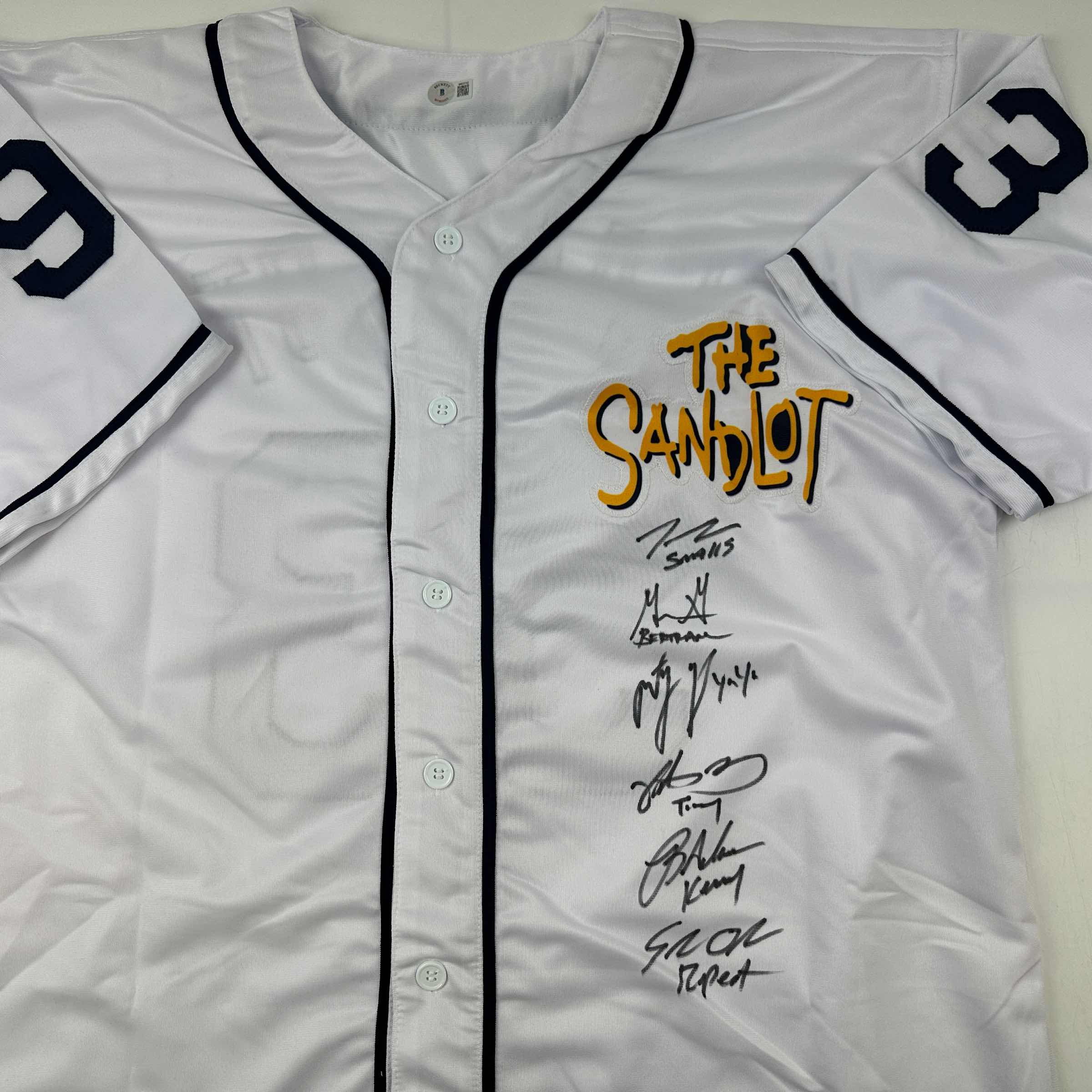 Autographed/Signed The Sandlot Movie 6x Cast Member Sigs White Baseball Jersey Beckett BAS COA