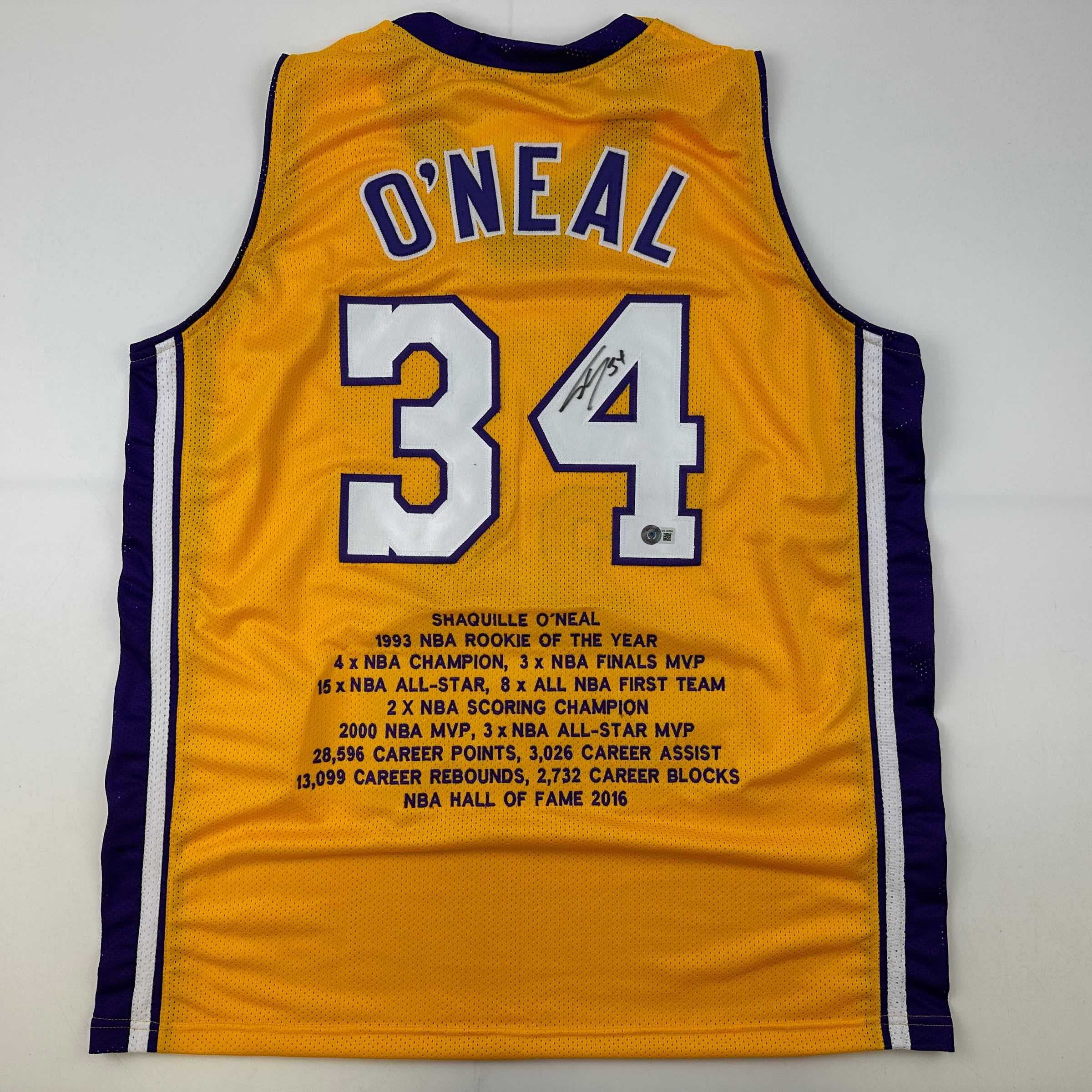 Autographed/Signed Shaquille Shaq O'Neal Los Angeles LA Yellow Stat Basketball Jersey Beckett BAS COA
