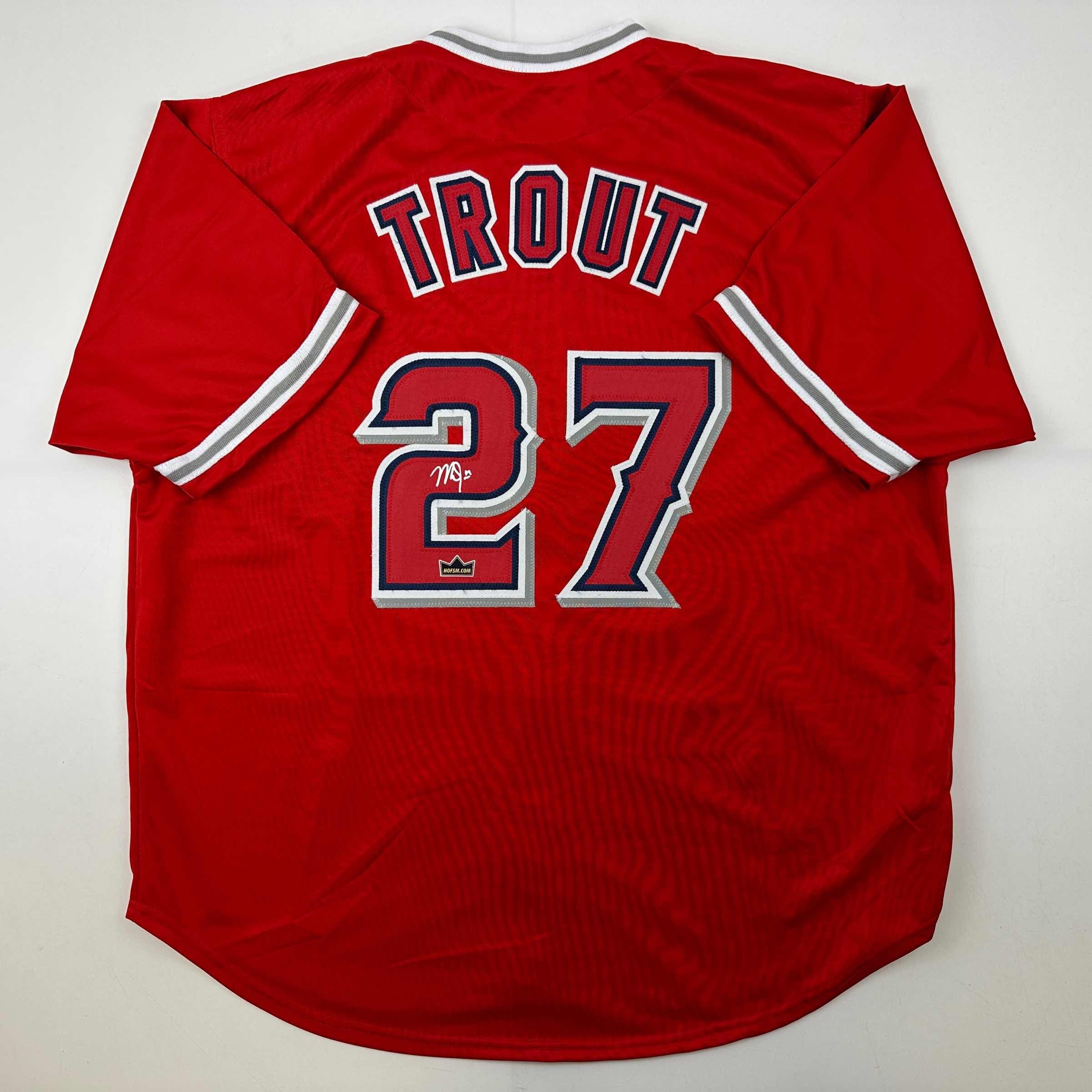 Facsimile Autographed Mike Trout Los Angeles LA Anaheim Red Reprint Laser Auto Baseball Jersey Size Men's XL