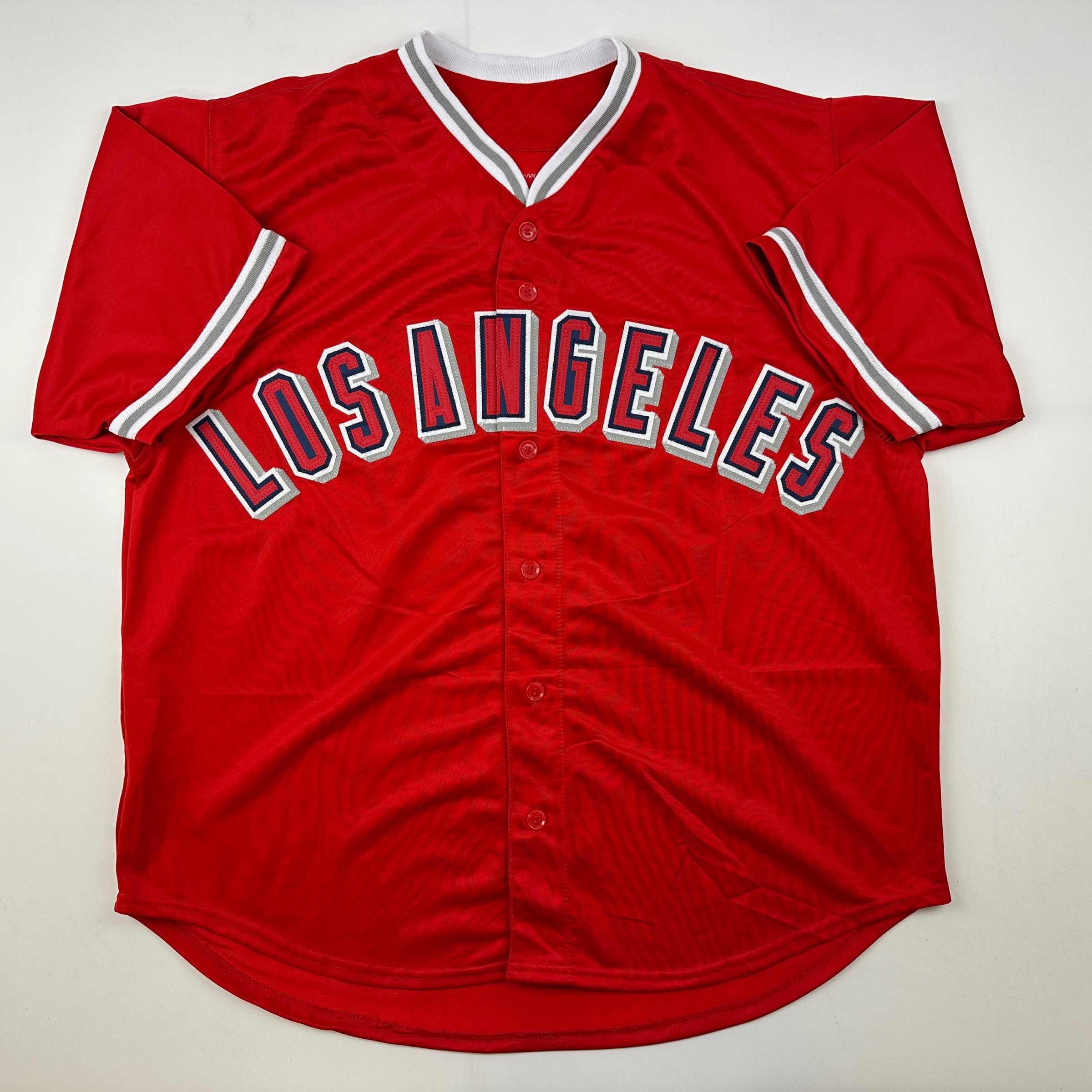 Facsimile Autographed Mike Trout Los Angeles LA Anaheim Red Reprint Laser Auto Baseball Jersey Size Men's XL