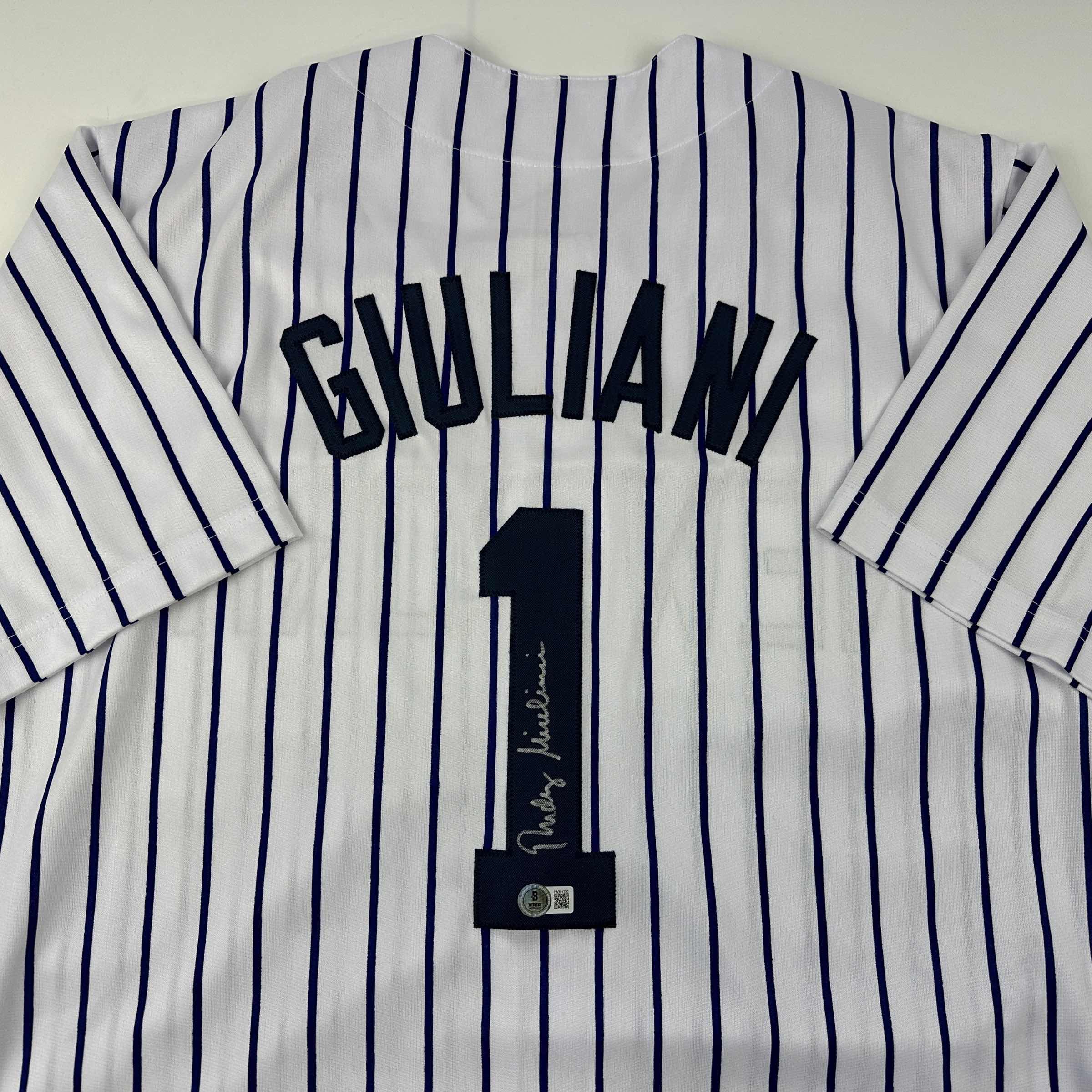 Autographed/Signed Rudy Giuliani New York Pinstripe Baseball Jersey Beckett BAS COA