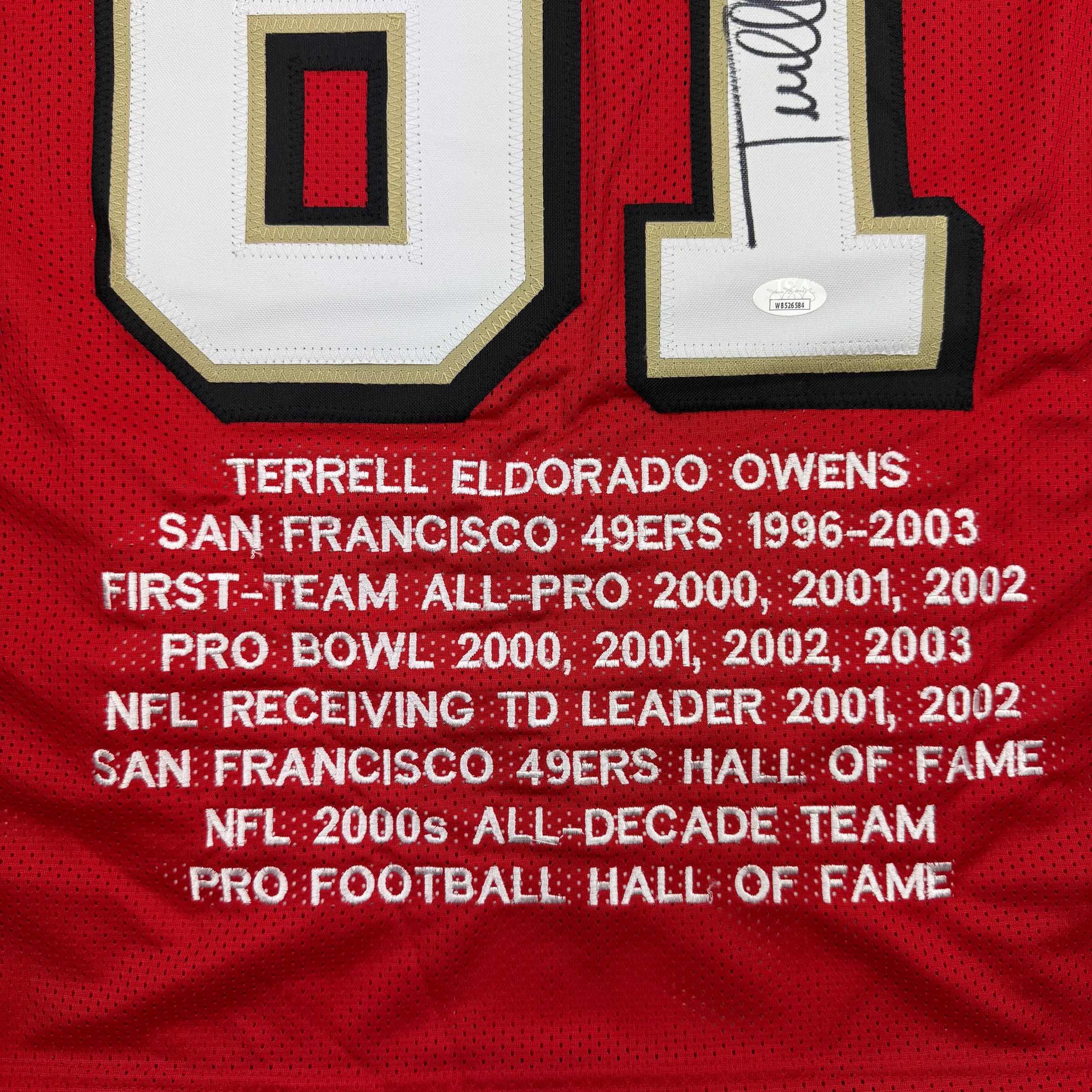 Autographed/Signed Terrell Owens San Francisco Red Stat Football Jersey JSA COA