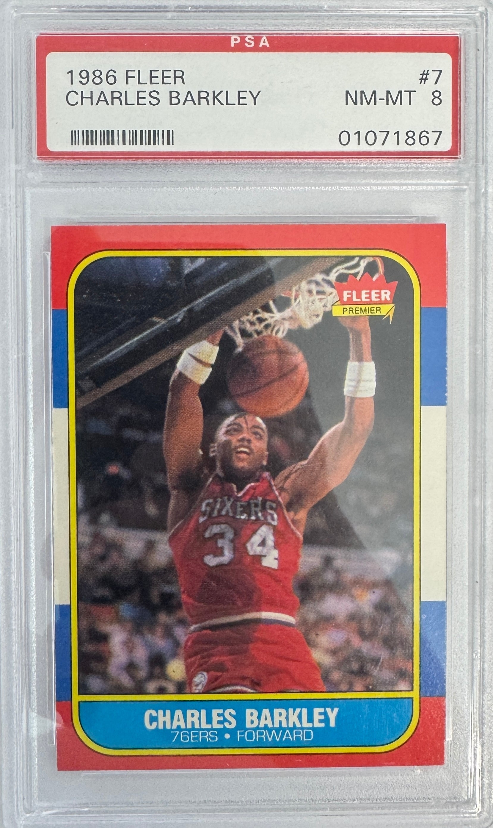 Graded 1986 Fleer Charles Barkley #7 Rookie RC Basketball Card PSA 8 NM-MT