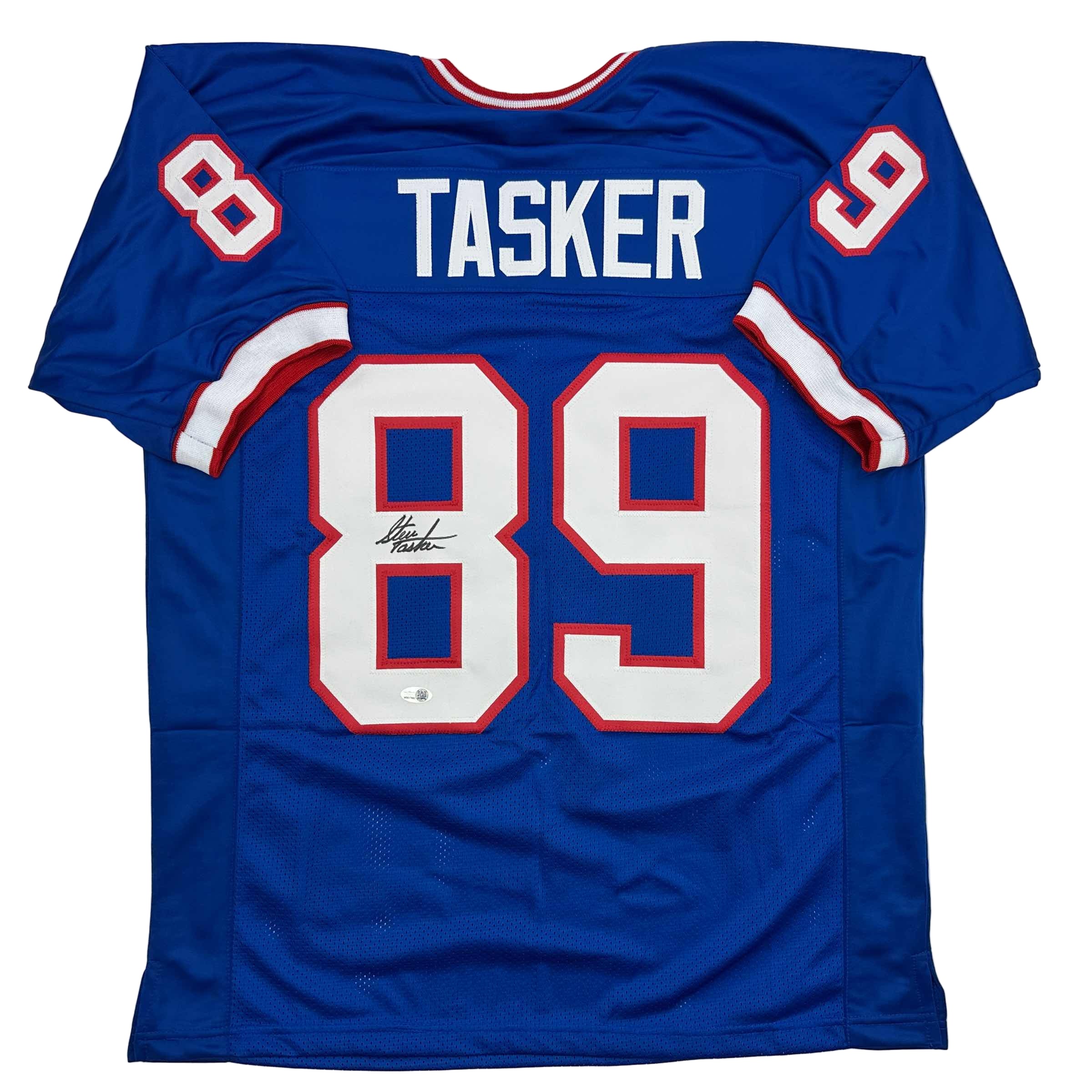 Autographed/Signed Steve Tasker Buffalo Blue Football Jersey JSA COA