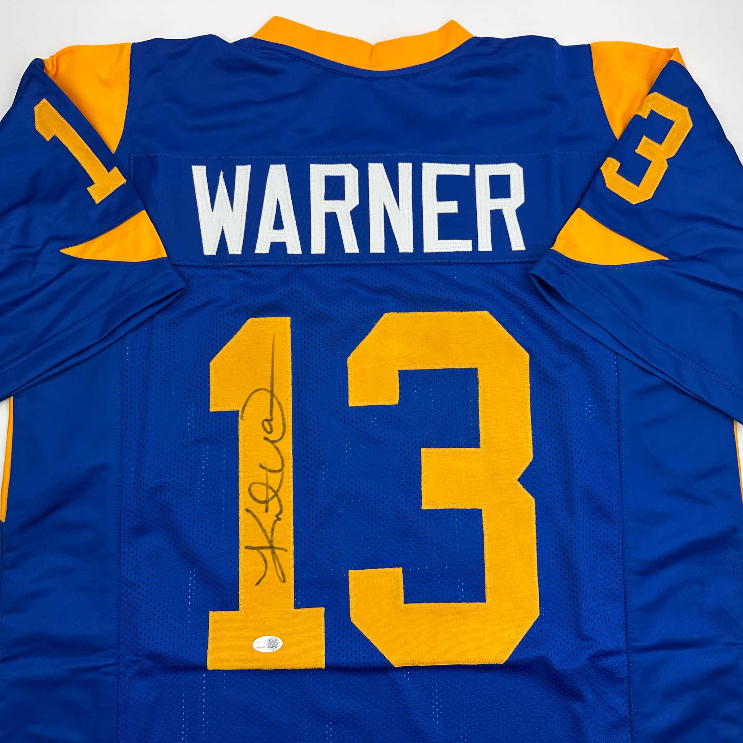 Autographed/Signed Kurt Warner St. Louis Blue Football Jersey JSA COA