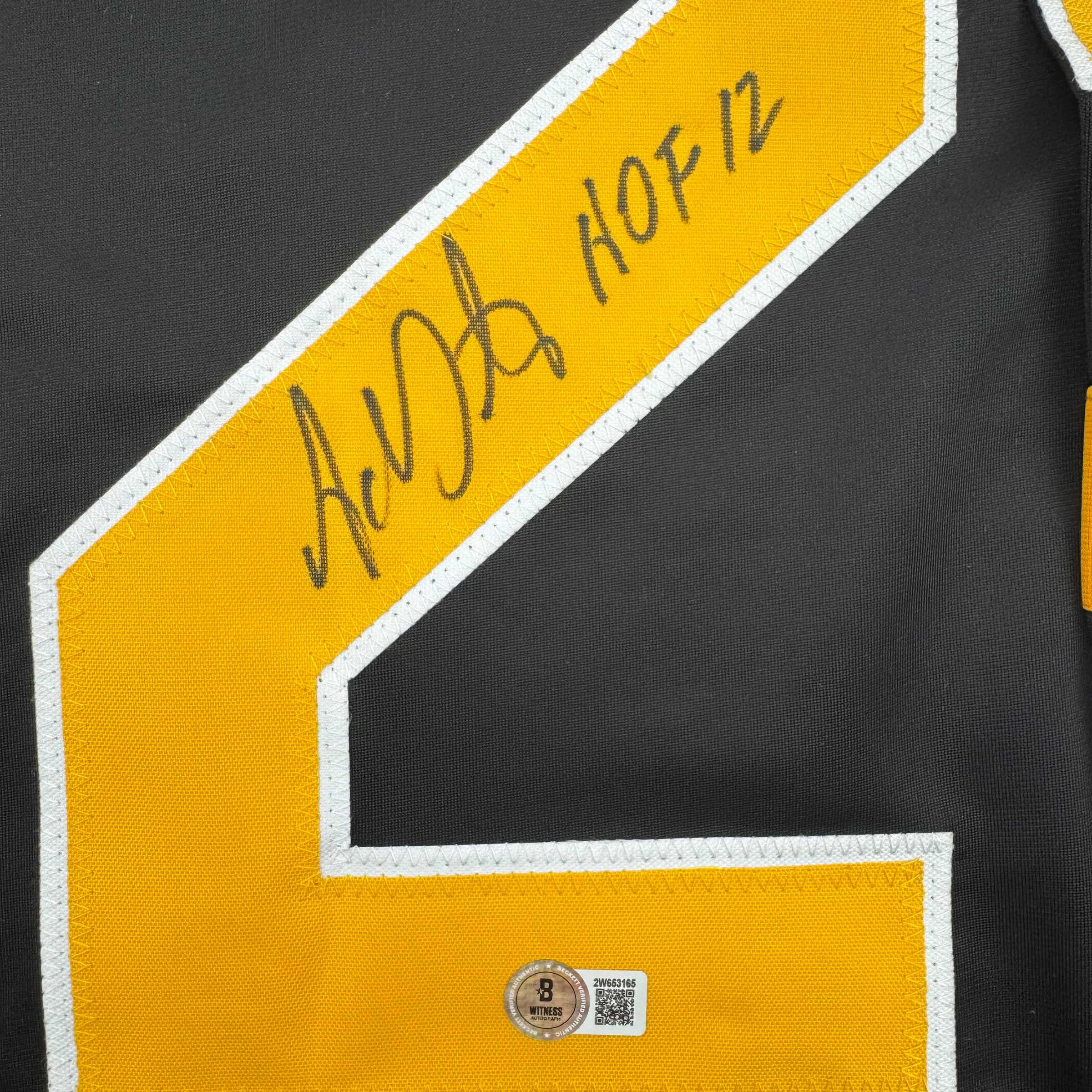 Autographed/Signed Adam Oates "HOF 12" Boston Black Hockey Jersey Beckett BAS COA