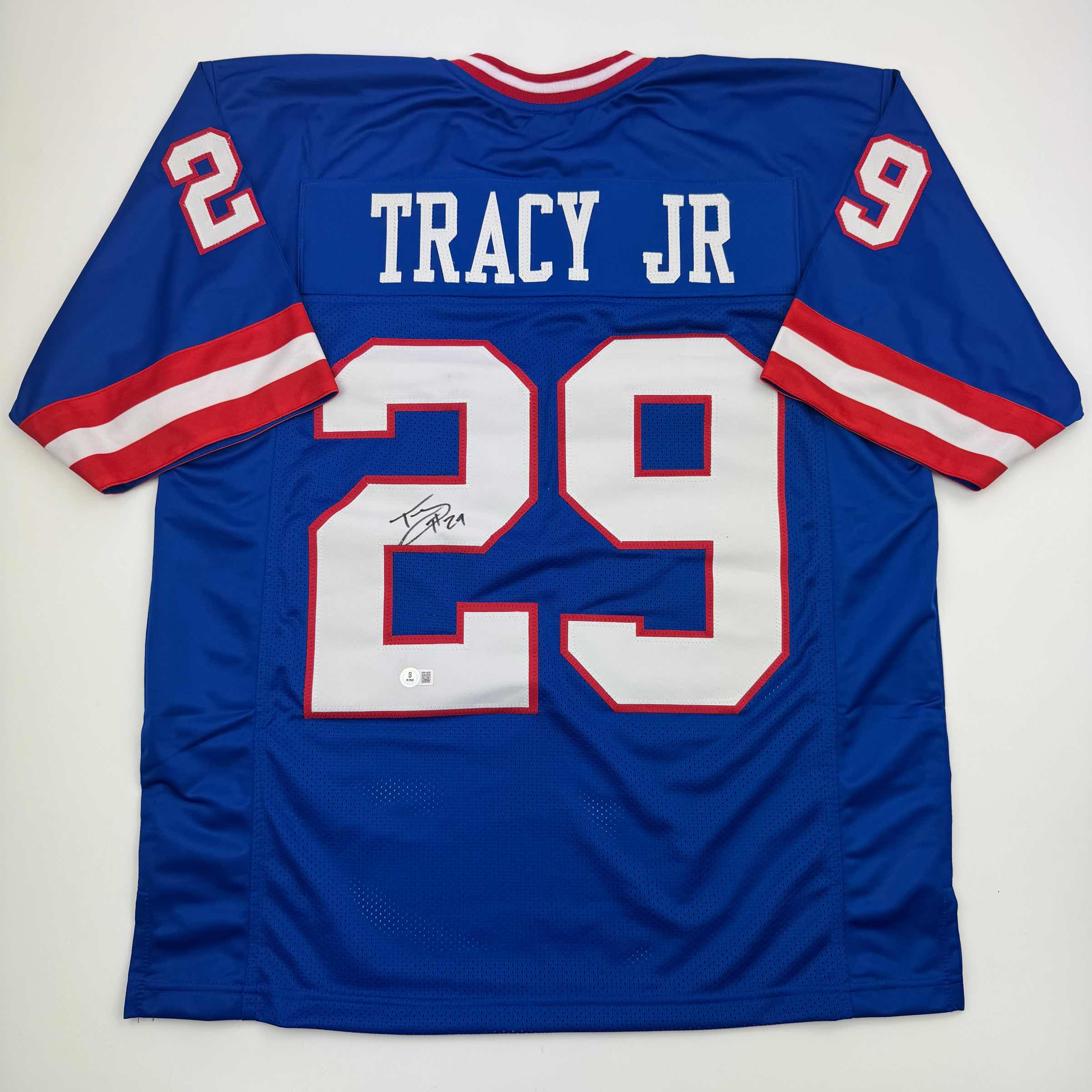 Autographed/Signed Tyrone Tracy Jr. New York Blue Football Jersey Beckett BAS COA #2