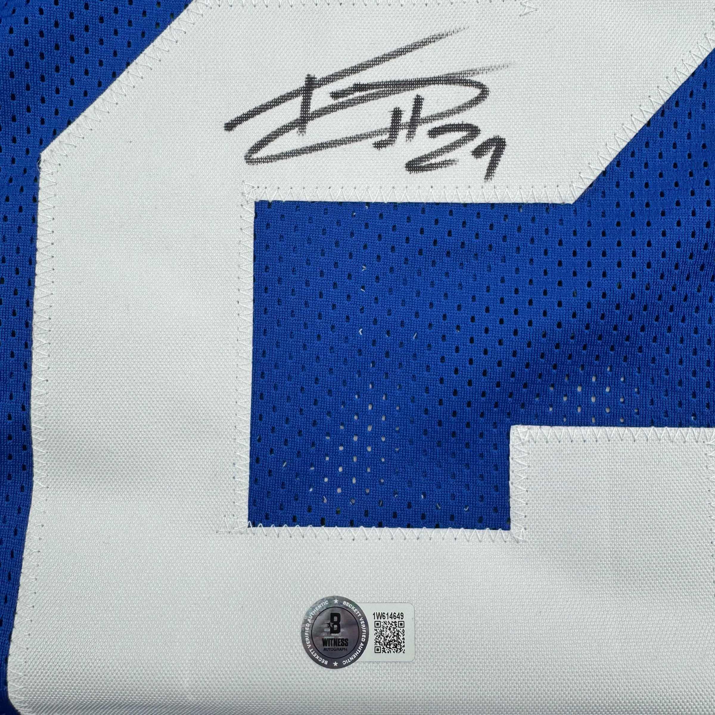 Autographed/Signed Tyrone Tracy Jr. New York Blue Football Jersey Beckett BAS COA