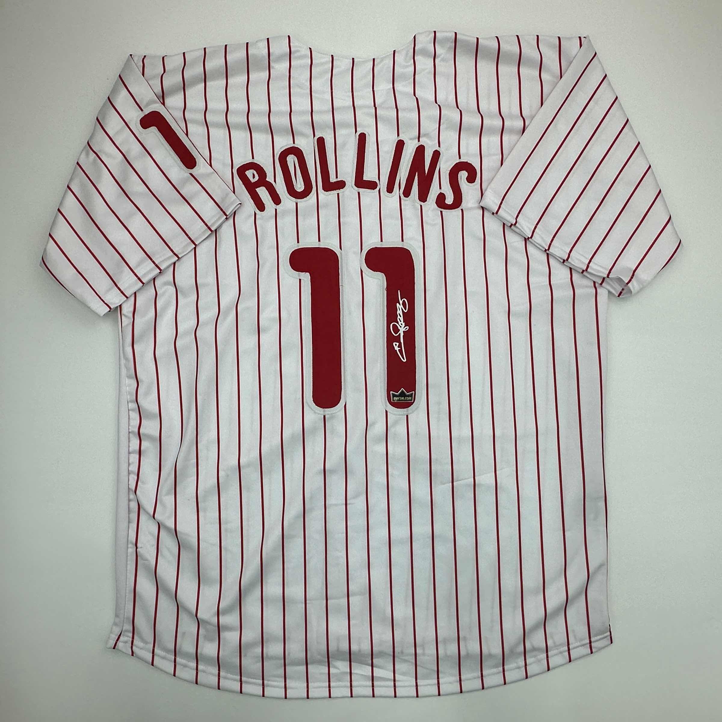 Facsimile Autographed Jimmy Rollins Philadelphia Pinstripe Reprint Laser Auto Baseball Jersey Size Men's XL